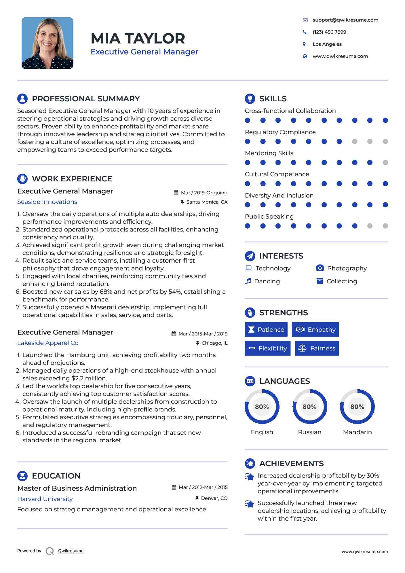 Executive General Manager Resume Example