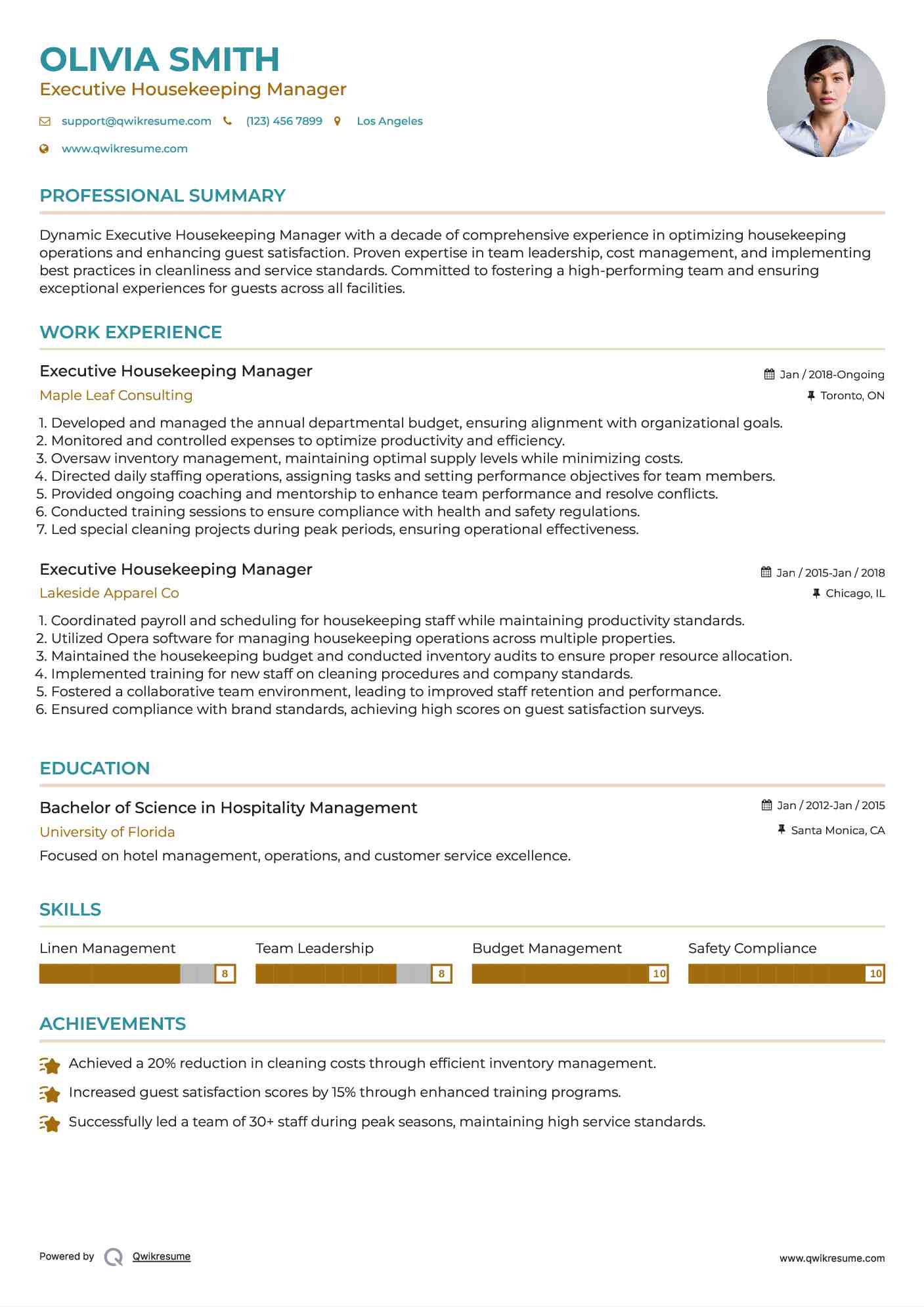 Executive Housekeeping Manager Resume Samples QwikResume