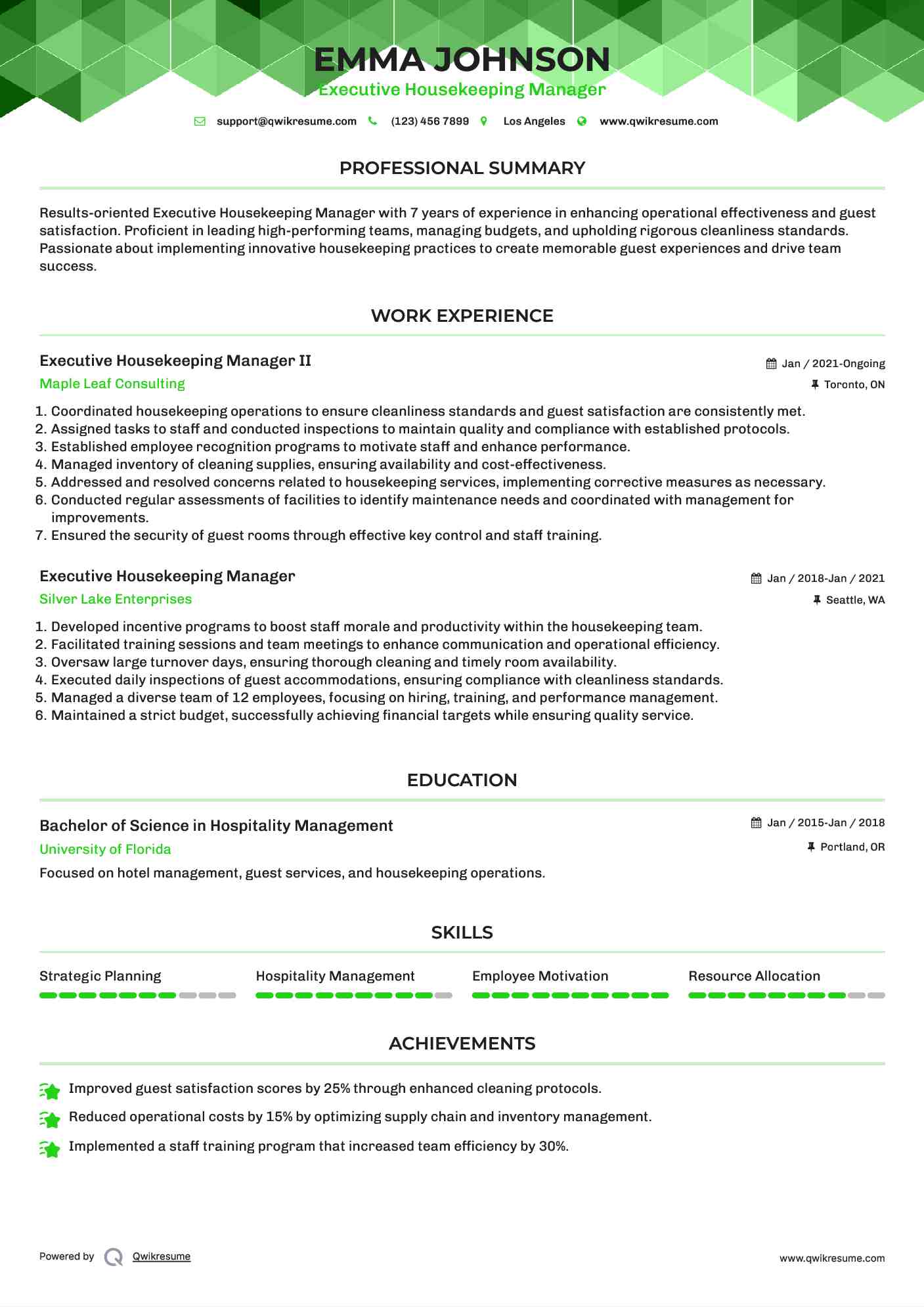 Executive Housekeeping Manager Resume Samples QwikResume