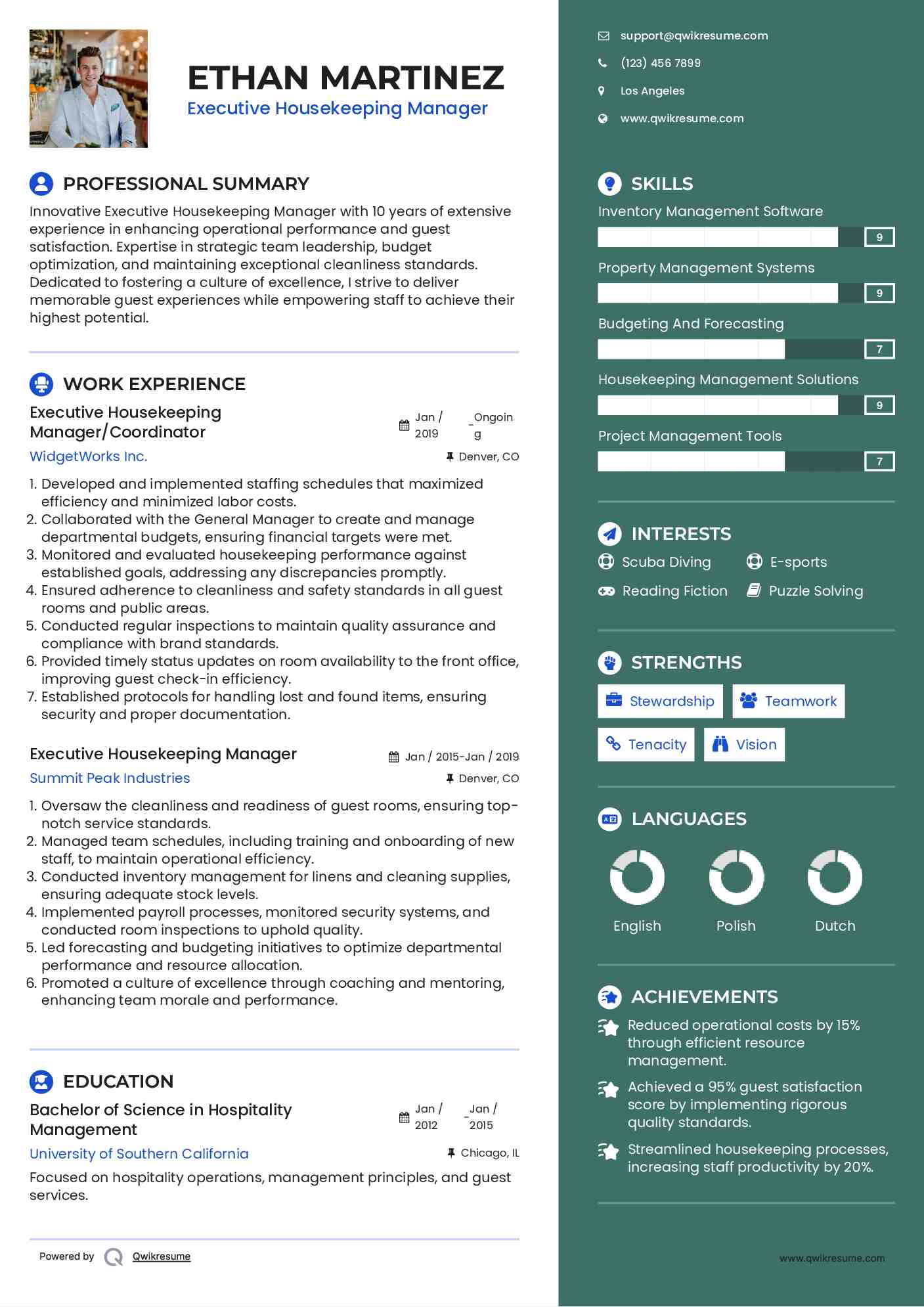Executive Housekeeping Manager Resume Samples QwikResume