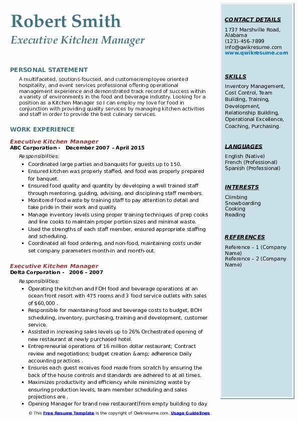 Kitchen Manager Resume Sample