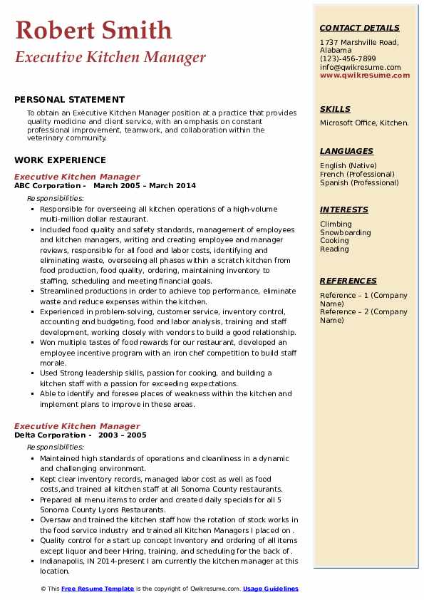 Executive Kitchen Manager Resume - Executive Kitchen Manager 1622720306 Pdf