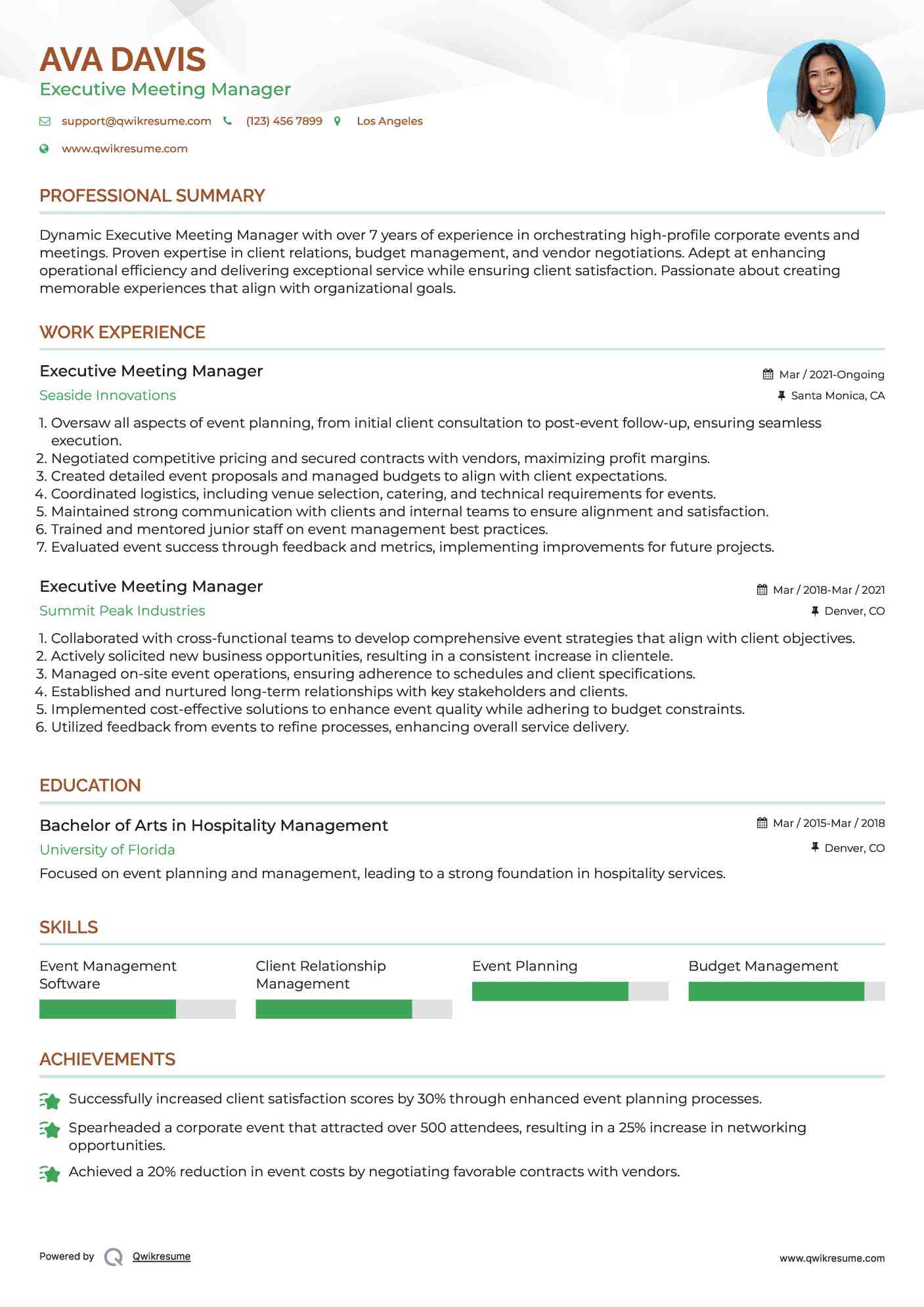 Executive Meeting Manager Resume Example