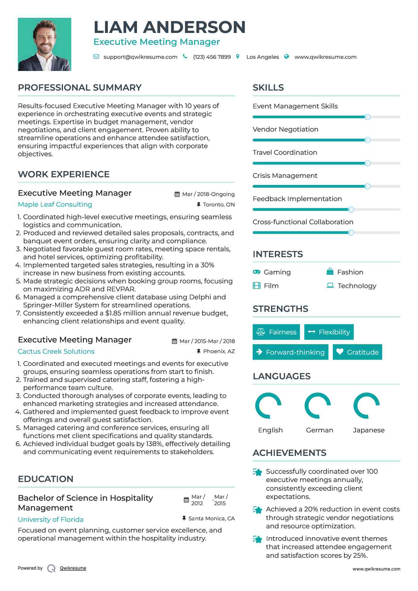 Executive Meeting Manager Resume Example