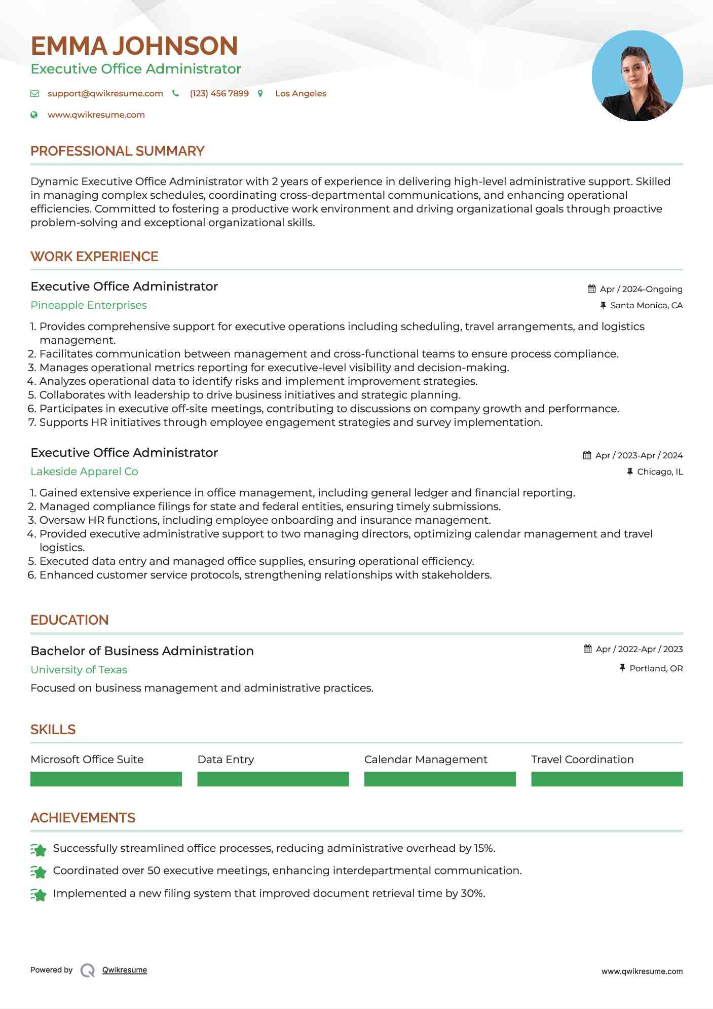 Executive Office Administrator Resume Template