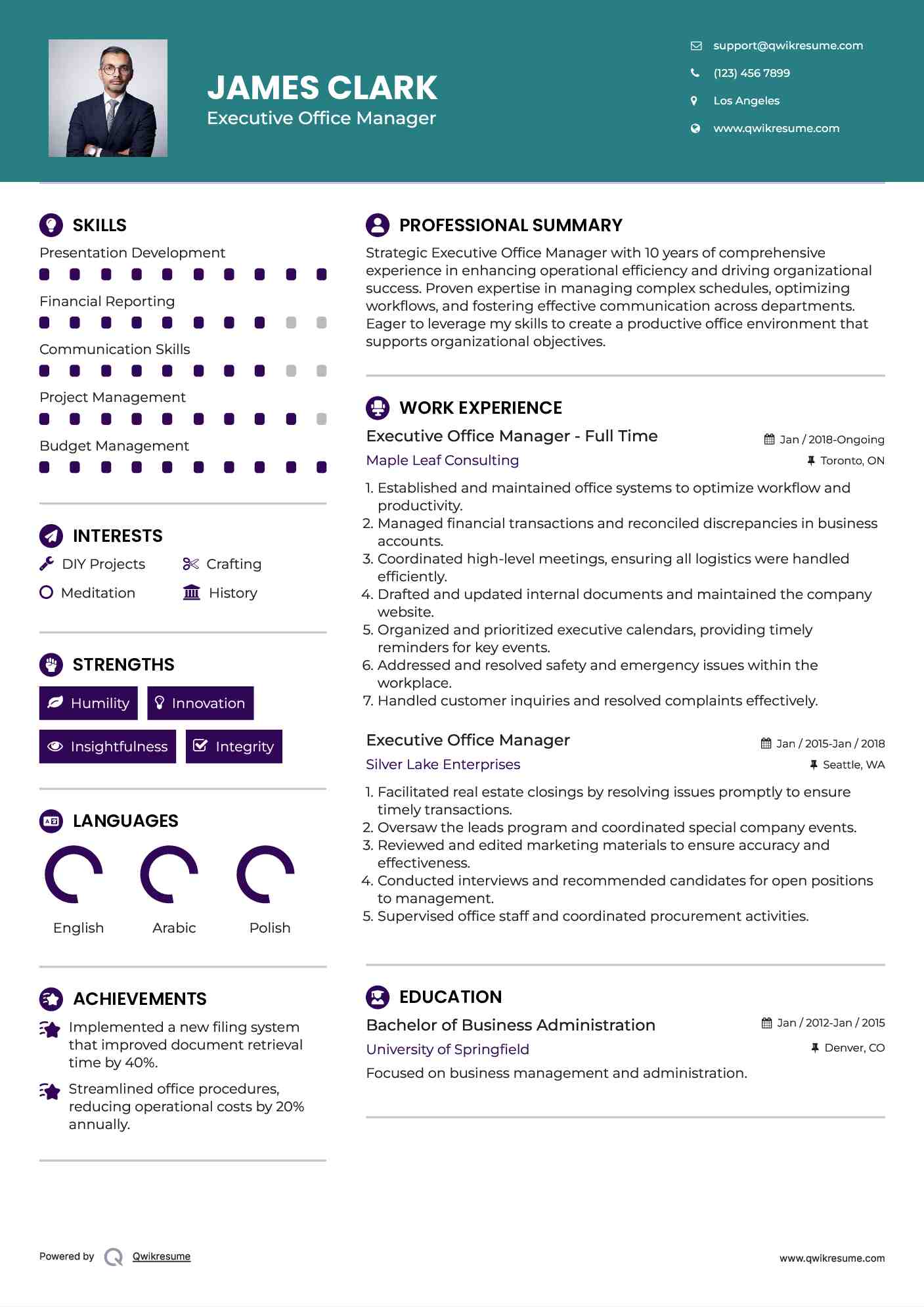 Executive Office Manager - Full Time Resume Sample