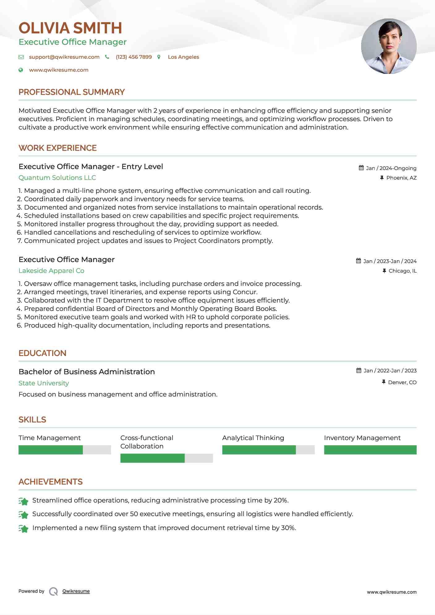 Executive Office Manager - Entry Level Resume Sample