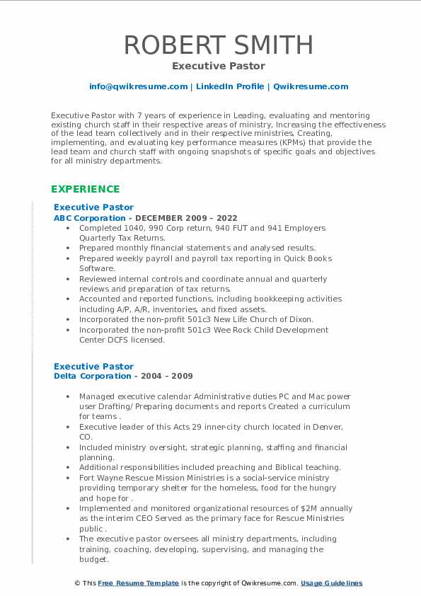 Executive Pastor Resume Samples - Executive Pastor 1656999847 Pdf