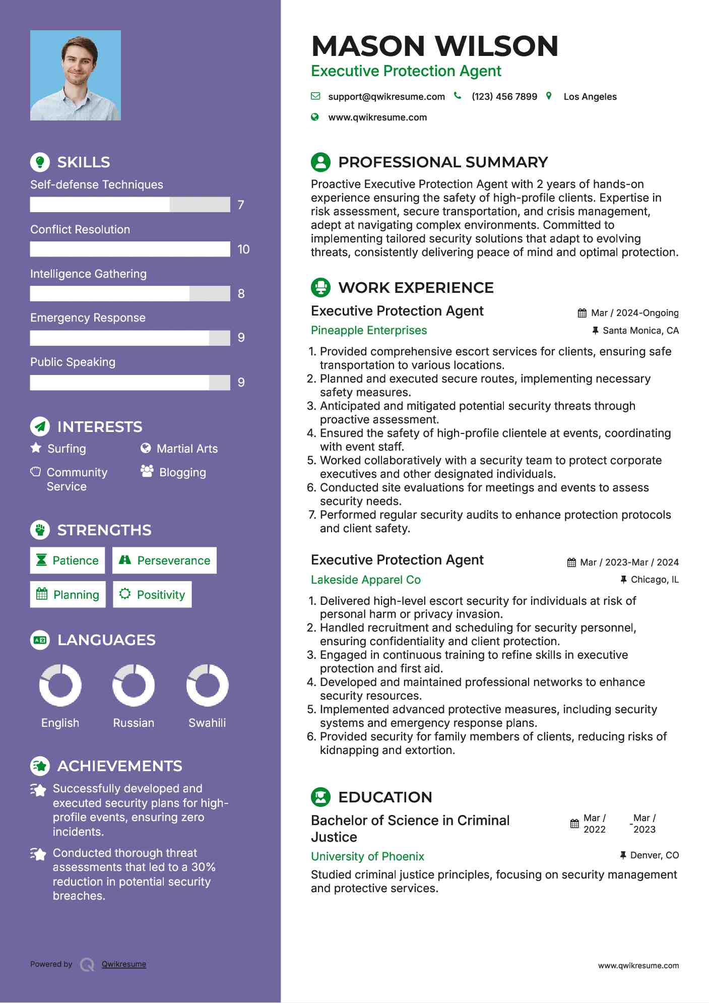 Executive Protection Agent Resume Example