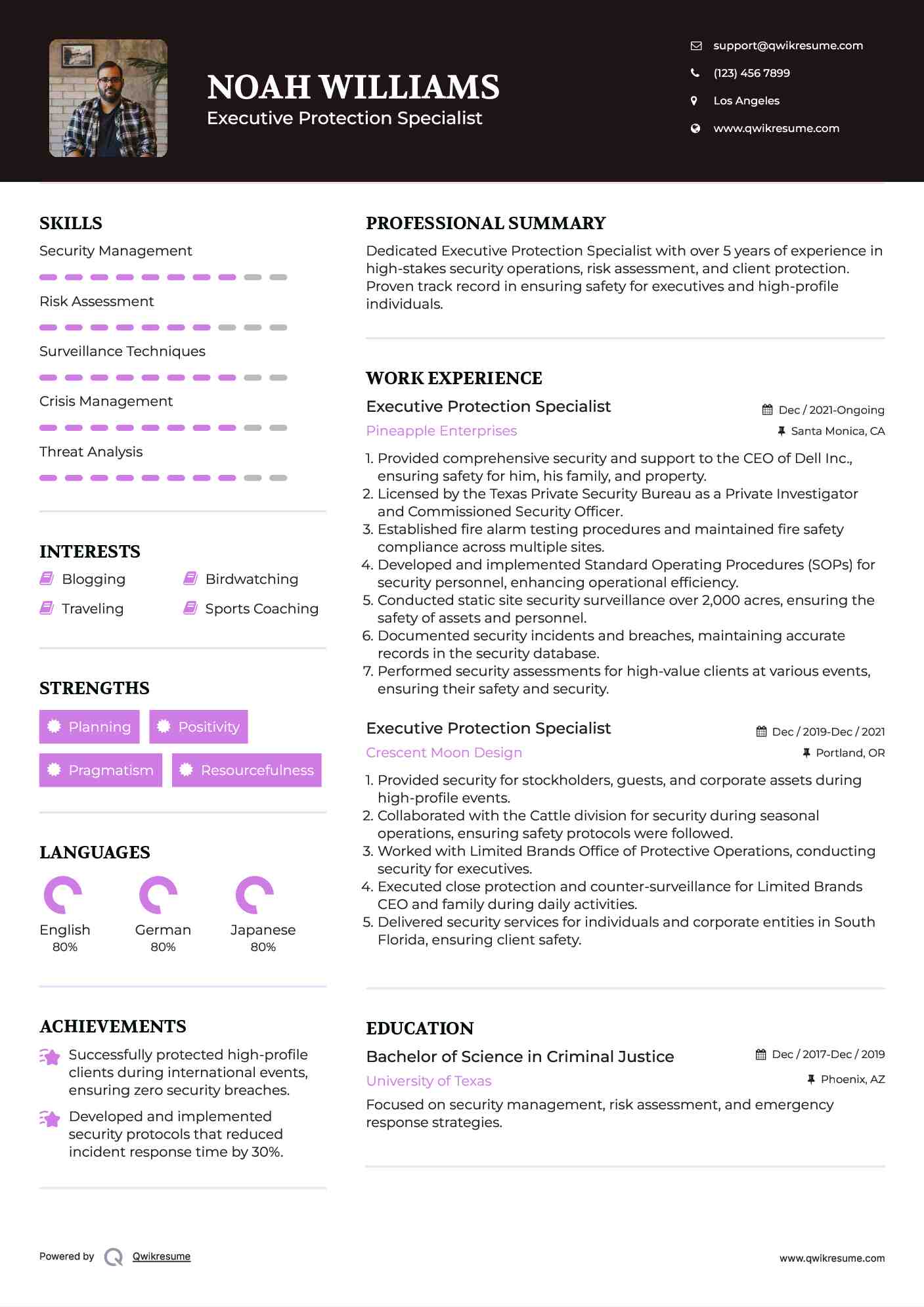Executive Protection Specialist Resume Model