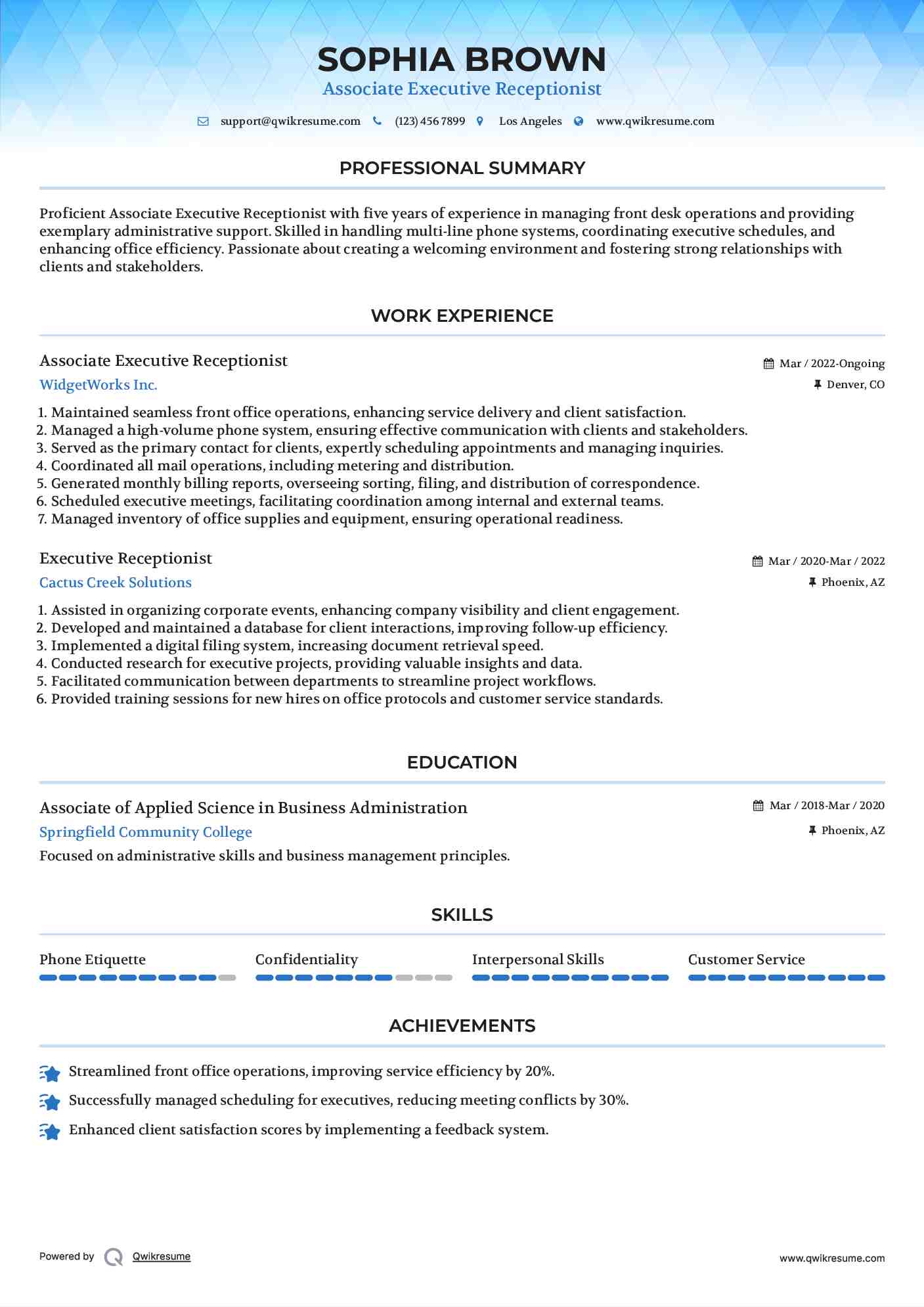 Associate Executive Receptionist Resume Template