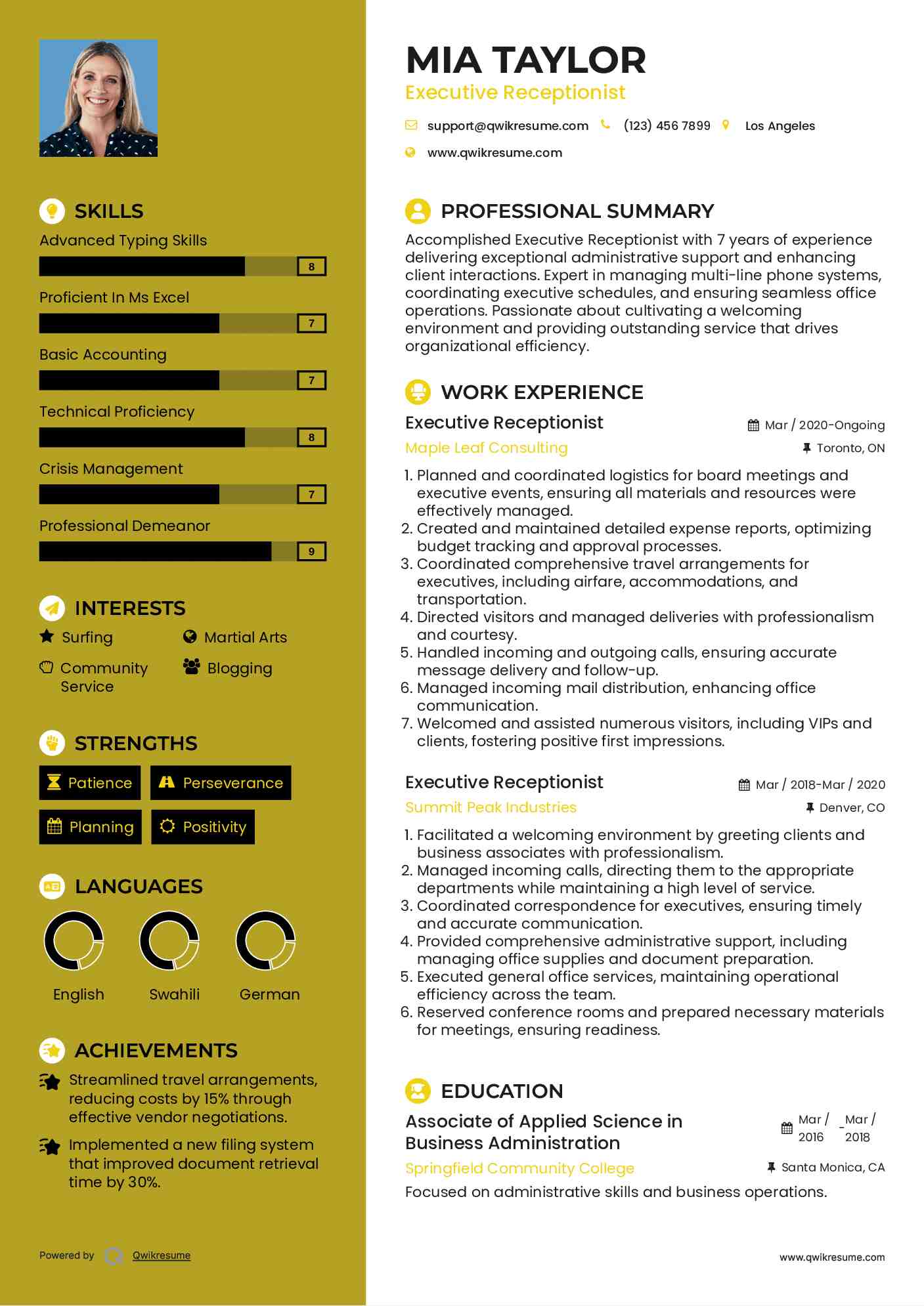 Executive Receptionist Resume Example