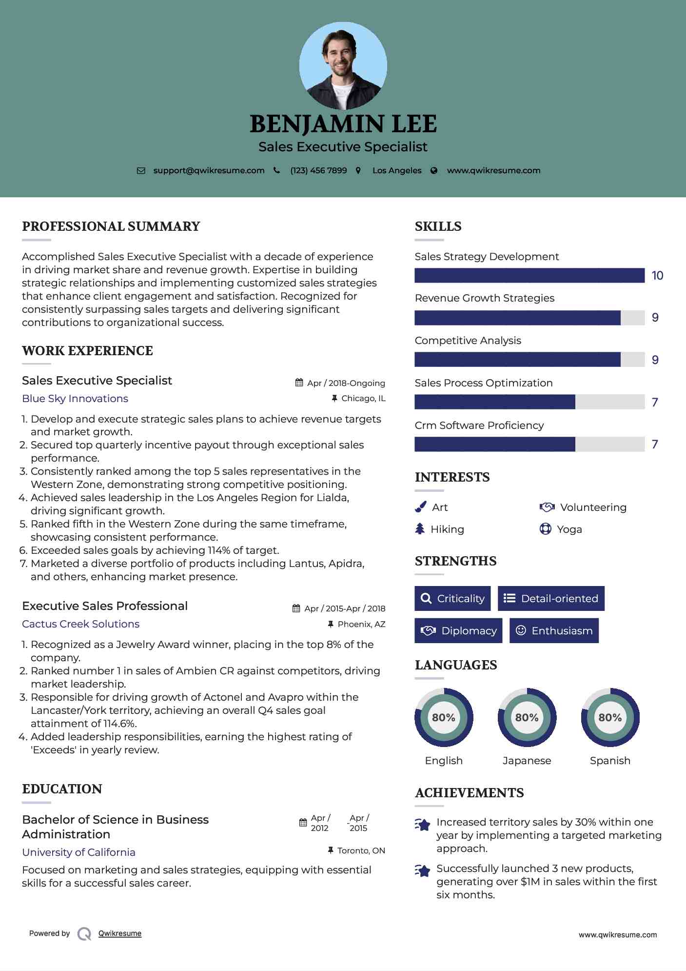 Sales Executive Specialist Resume Example