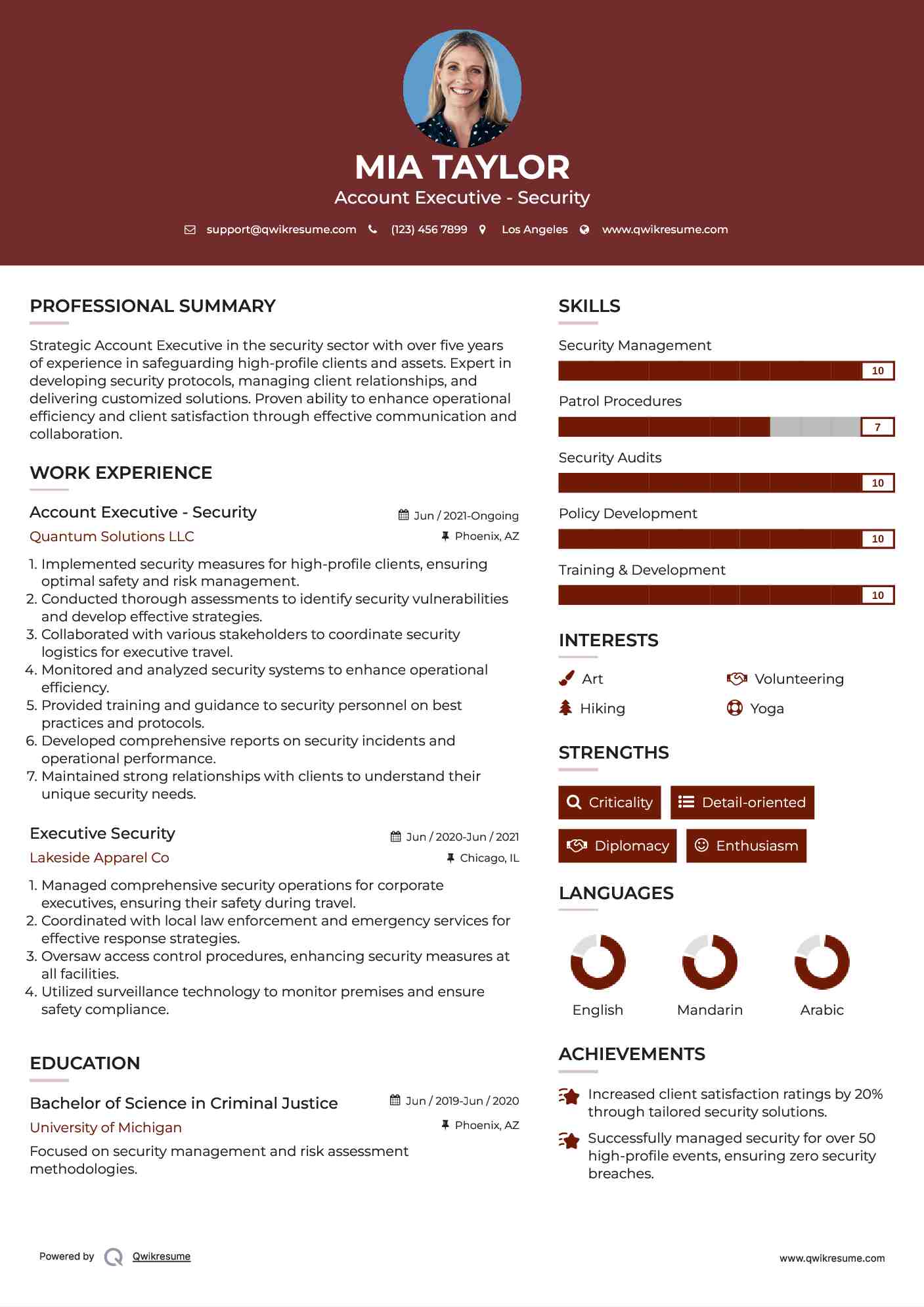 Account Executive - Security Resume Sample