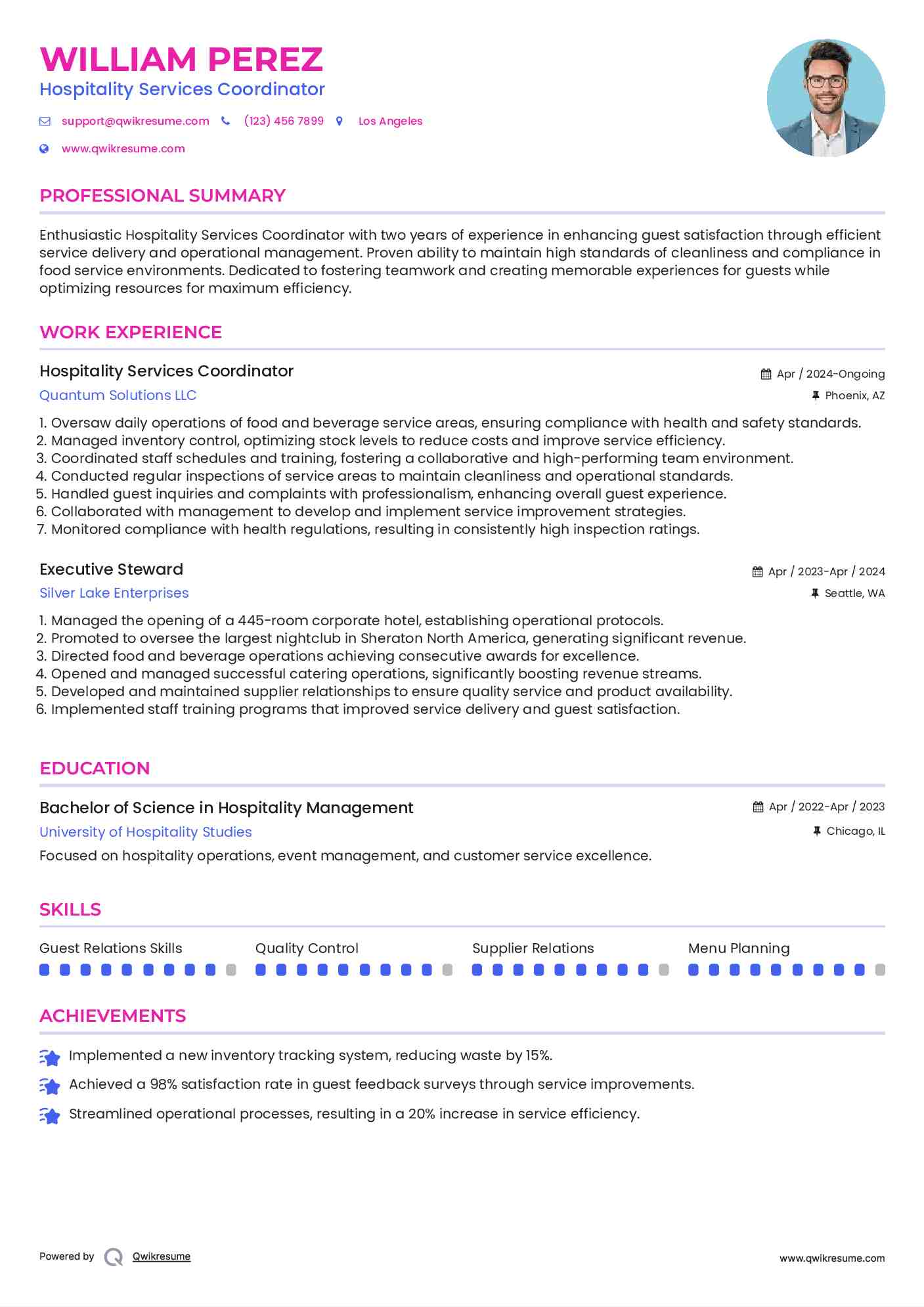 Hospitality Services Coordinator Resume Template