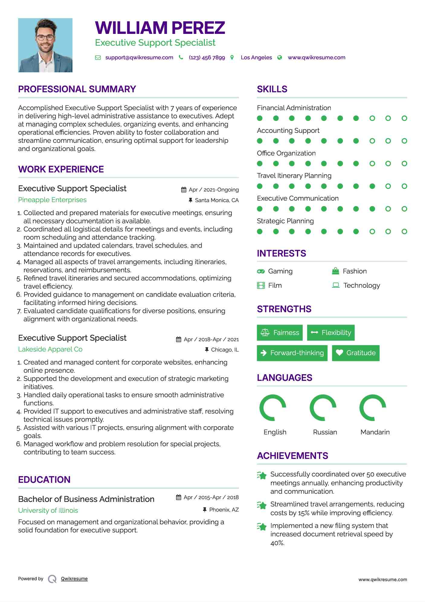 Executive Support Specialist Resume Example