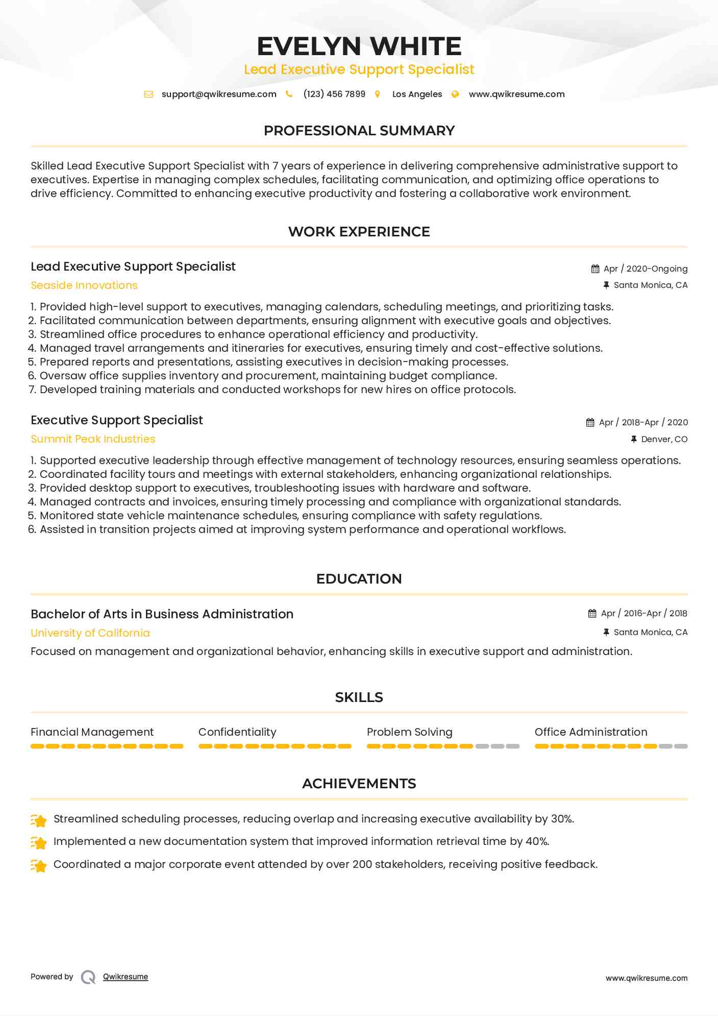Lead Executive Support Specialist Resume Model