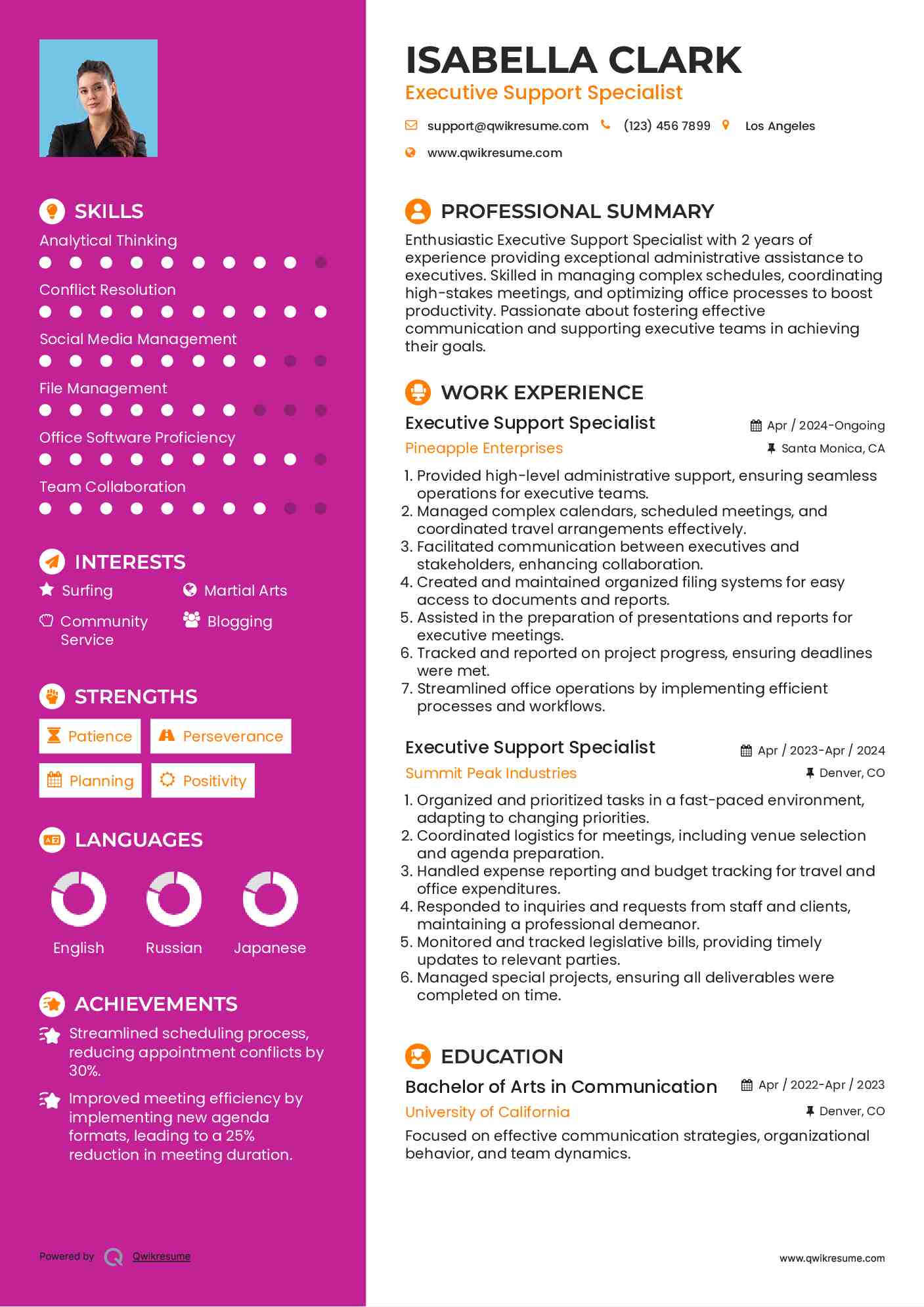 Executive Support Specialist Resume Example