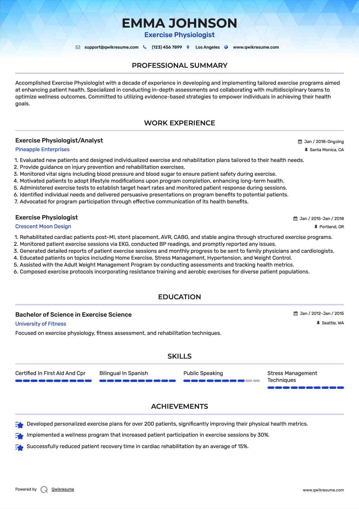 Exercise Physiologist/Analyst Resume Example