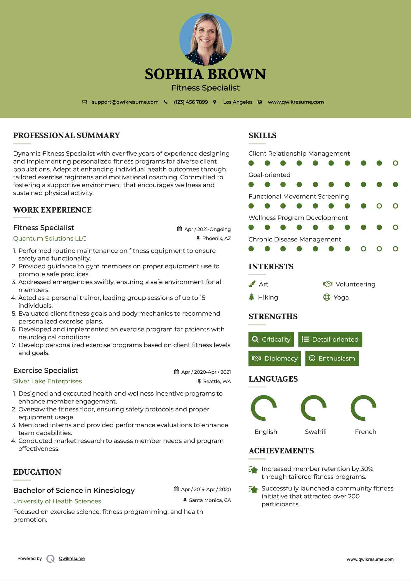 Exercise Specialist Resume Samples QwikResume