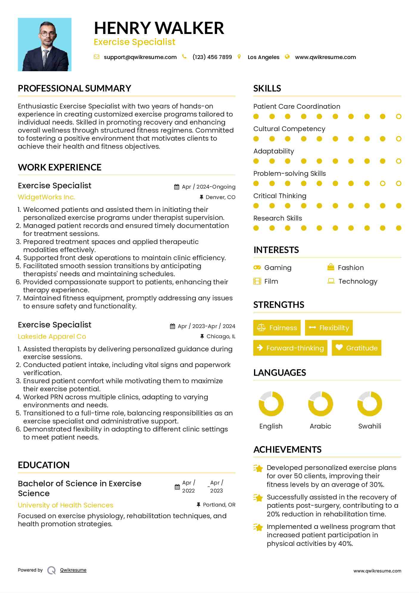 Exercise Specialist Resume Template