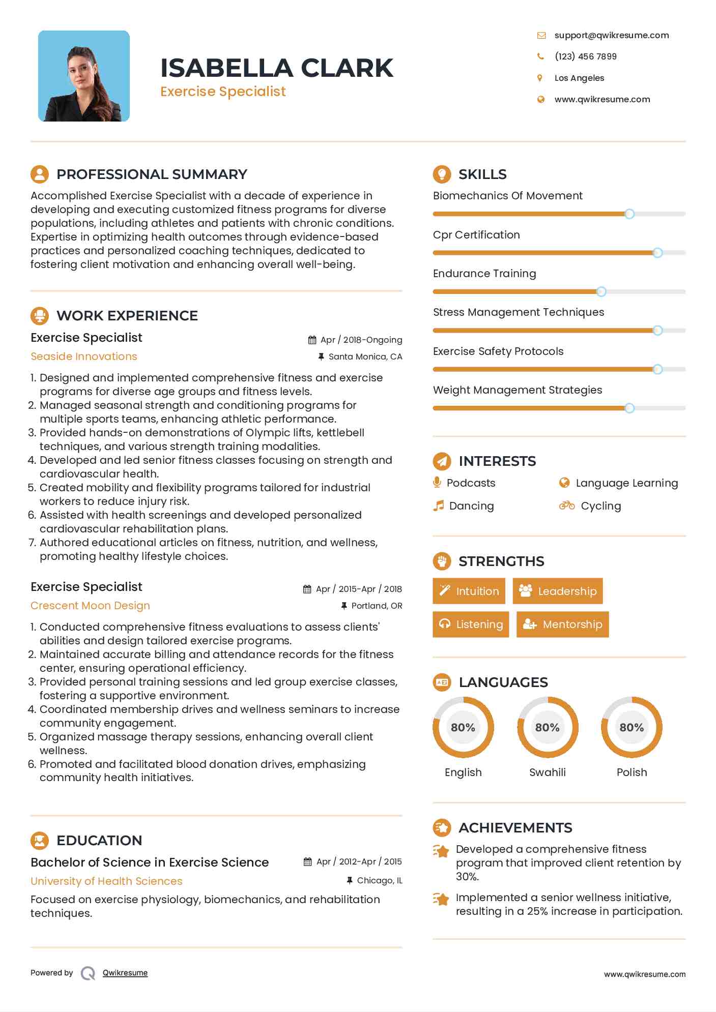 Exercise Specialist Resume Template