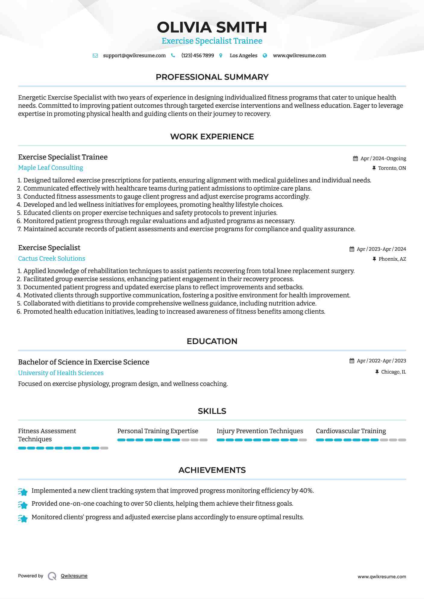 Exercise Specialist Trainee Resume Template