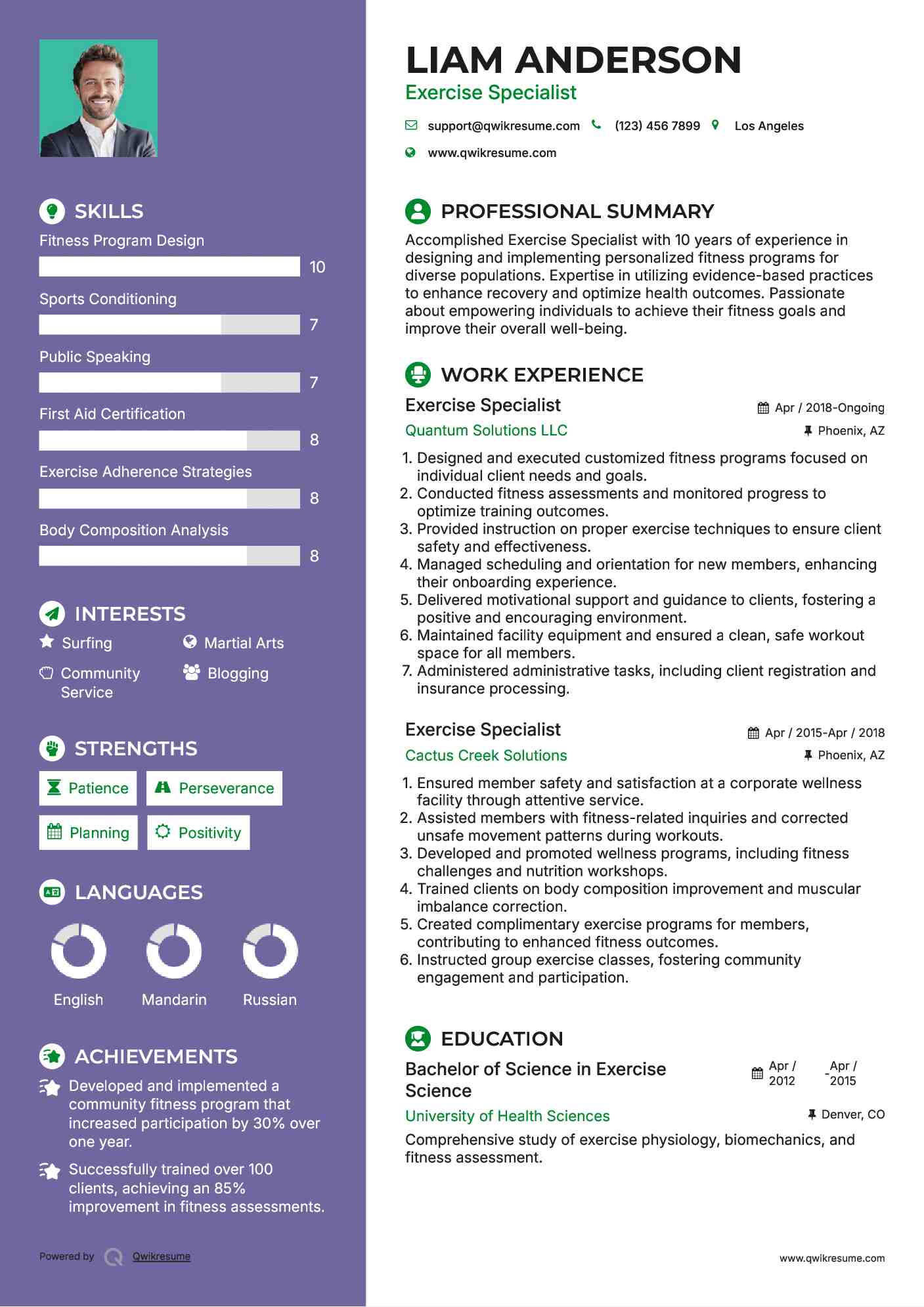 Exercise Specialist Resume Samples QwikResume