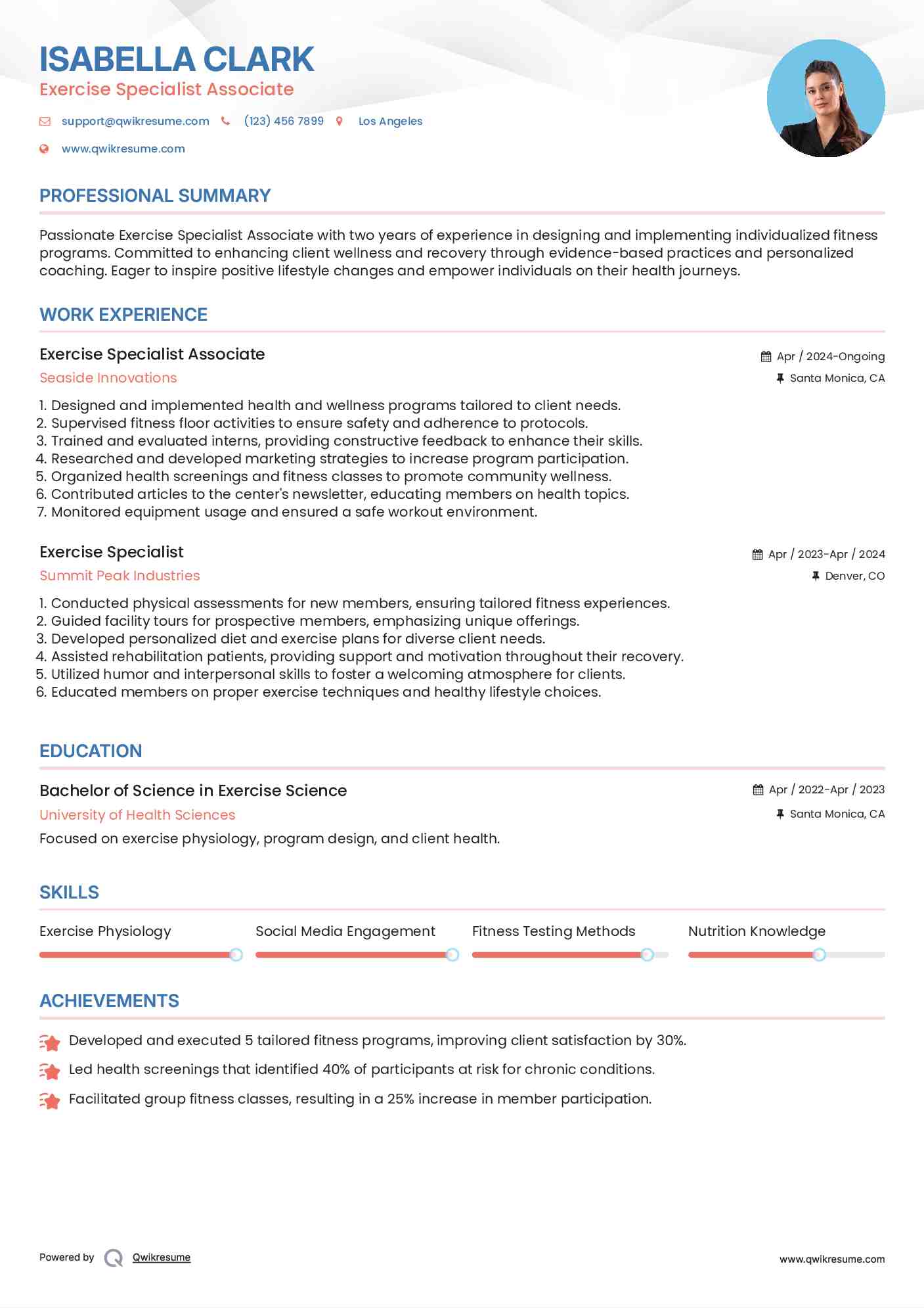 Exercise Specialist Associate Resume Model