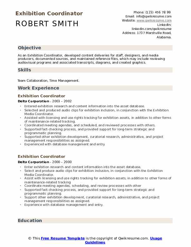 Exhibition Coordinator Resume Samples QwikResume