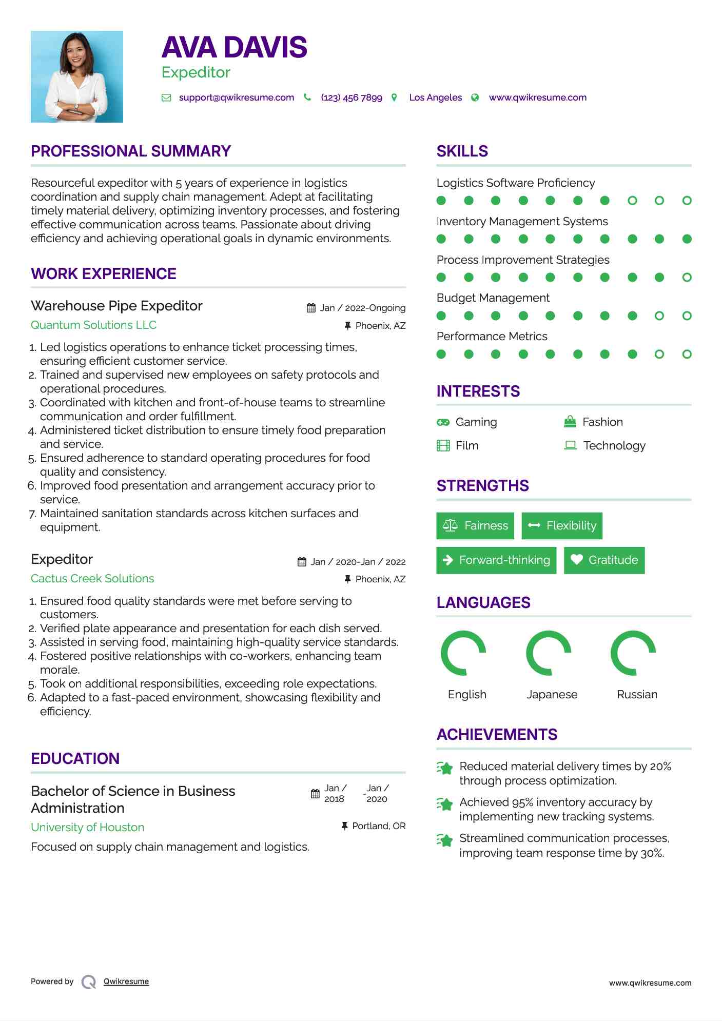 Expeditor Resume Samples QwikResume