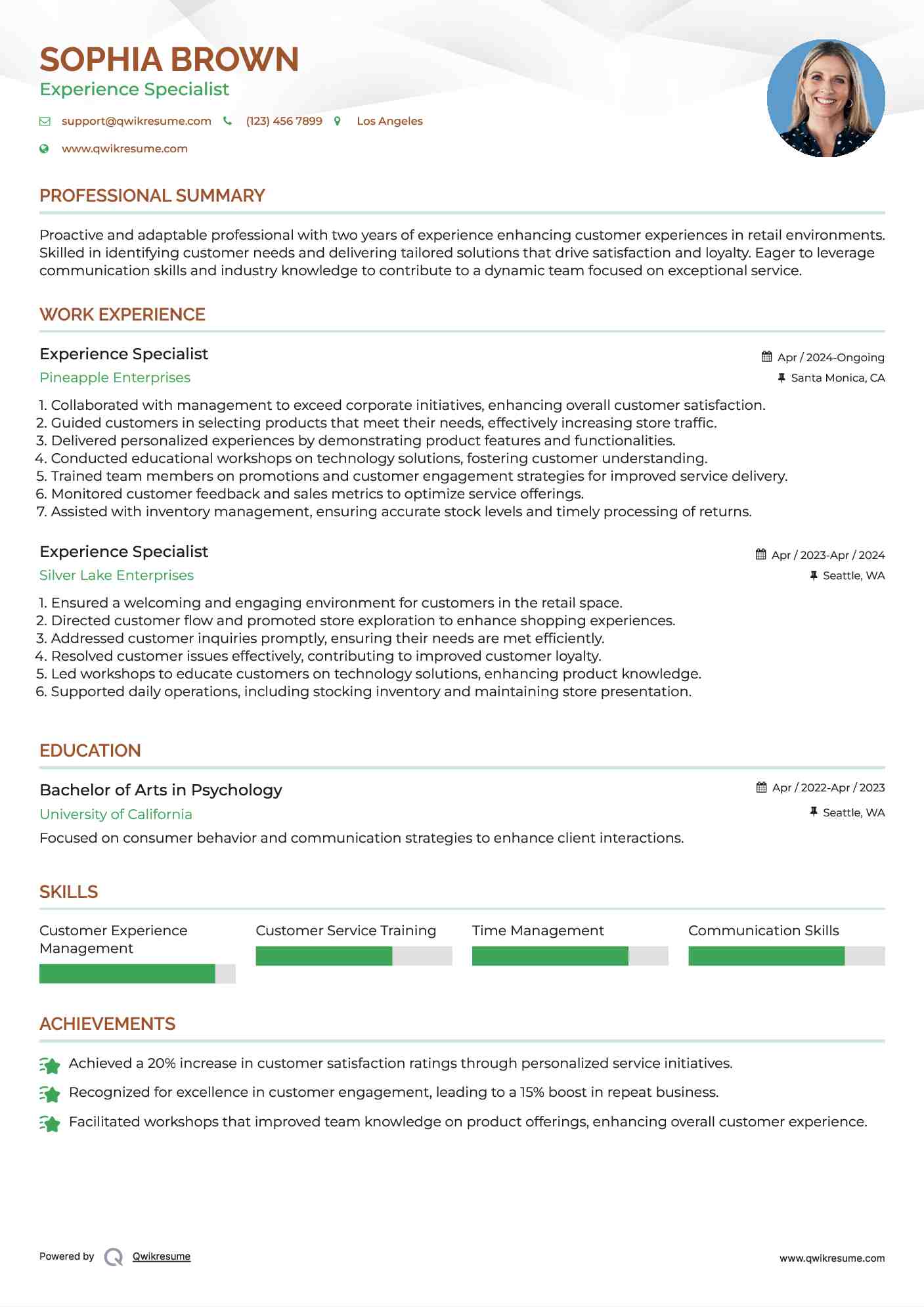 Experience Specialist Resume Example