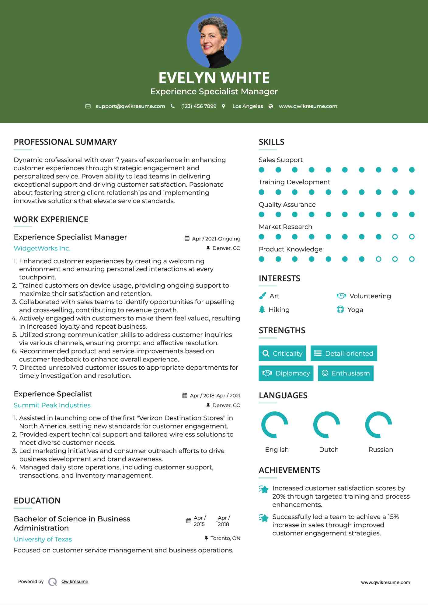 Experience Specialist Manager Resume Template