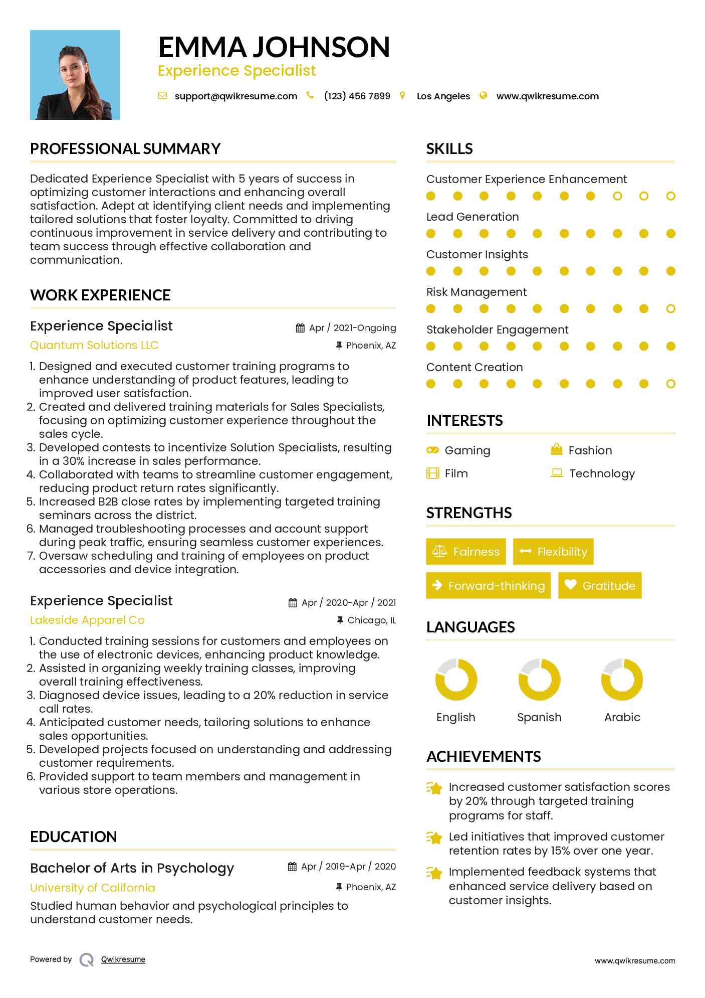 Experience Specialist Resume Format