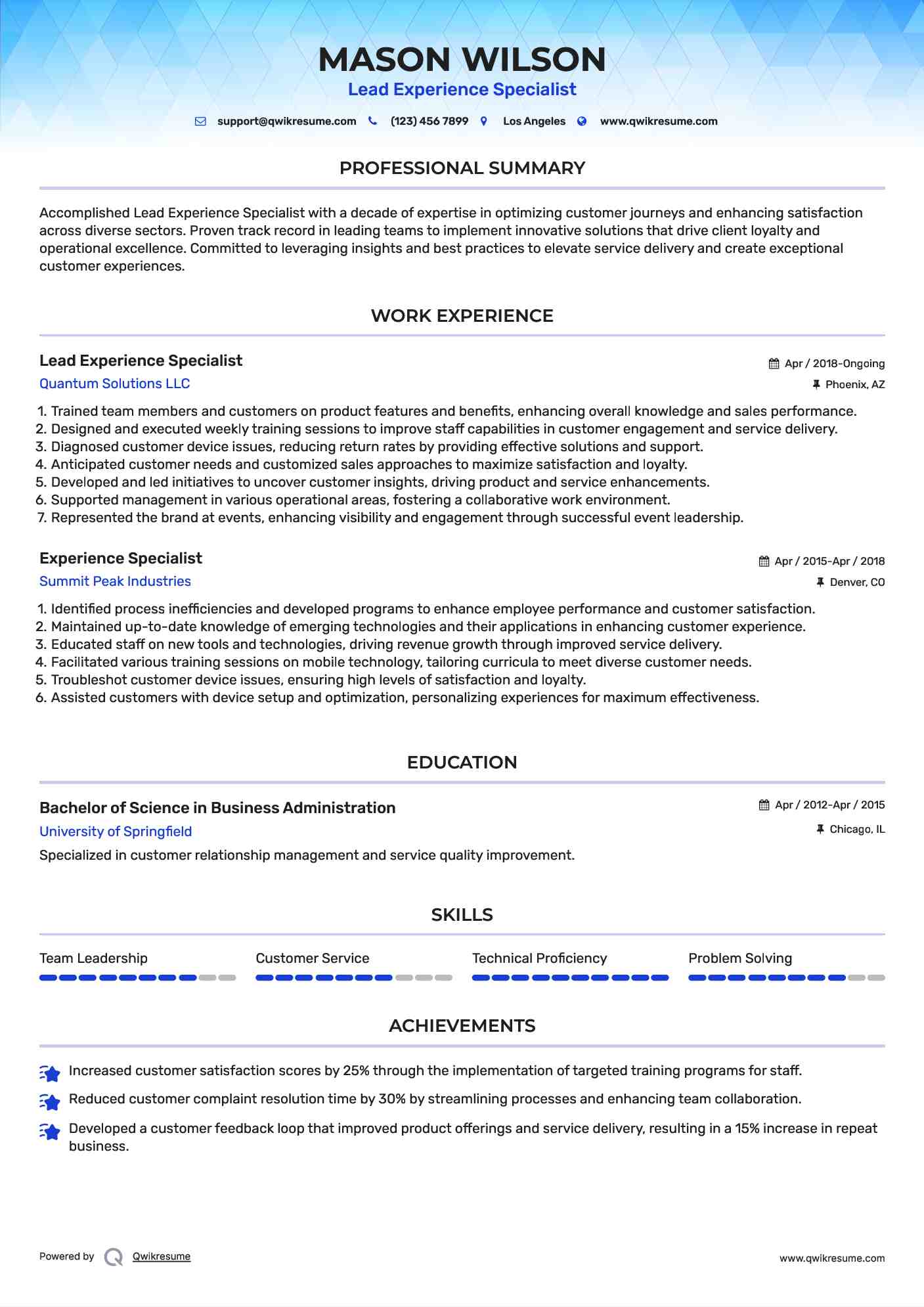 Lead Experience Specialist Resume Template