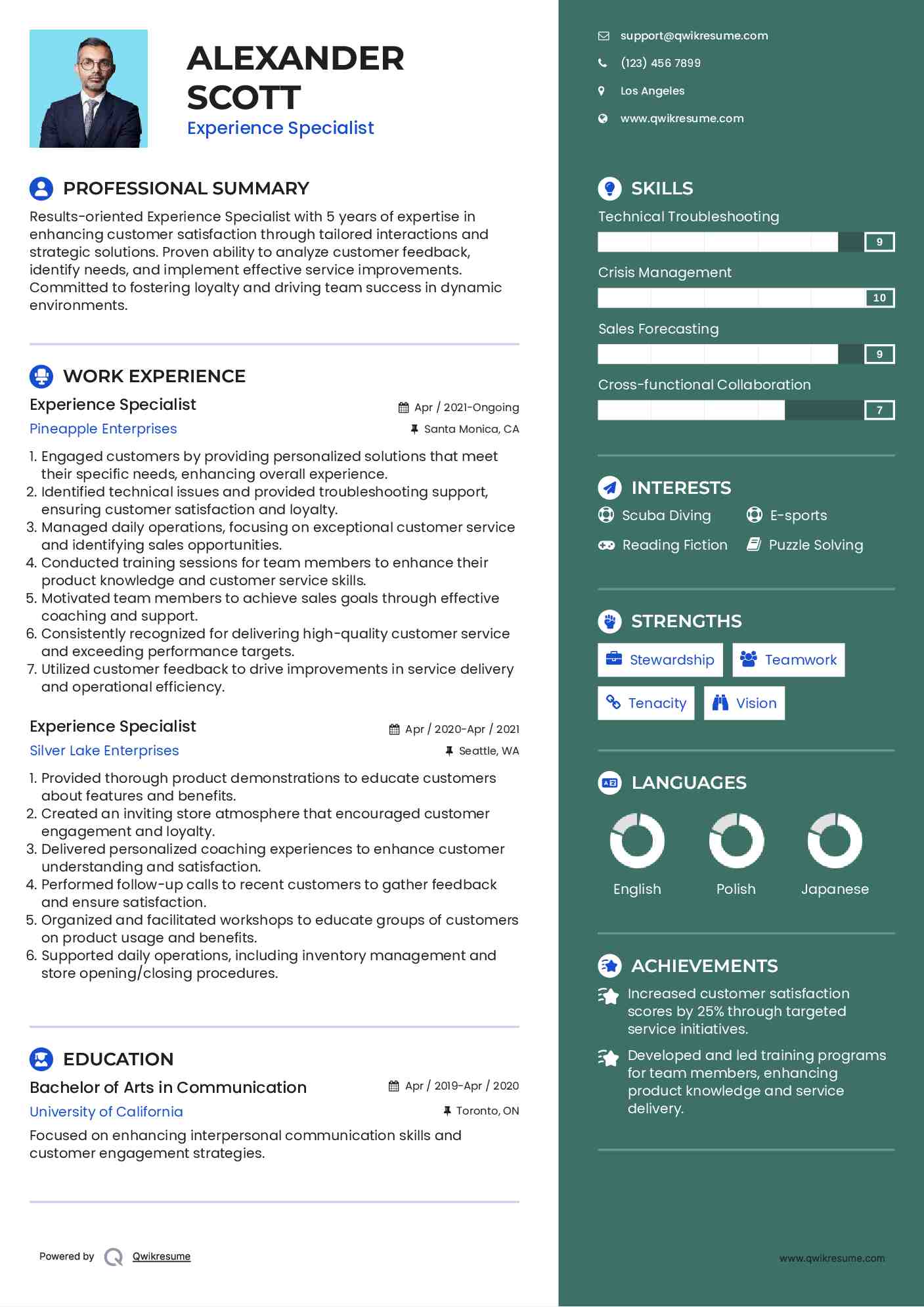 Experience Specialist Resume Example