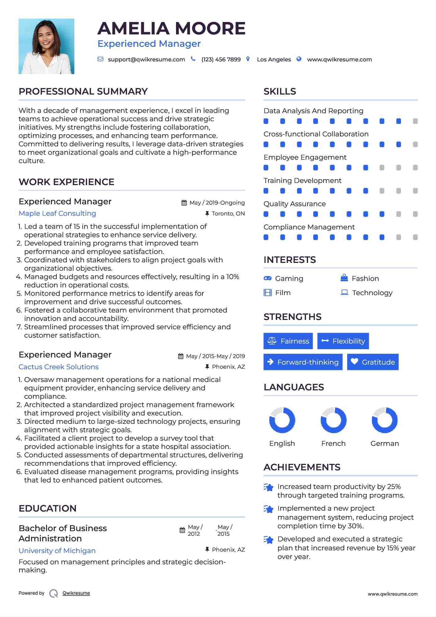 Experienced Manager Resume Sample