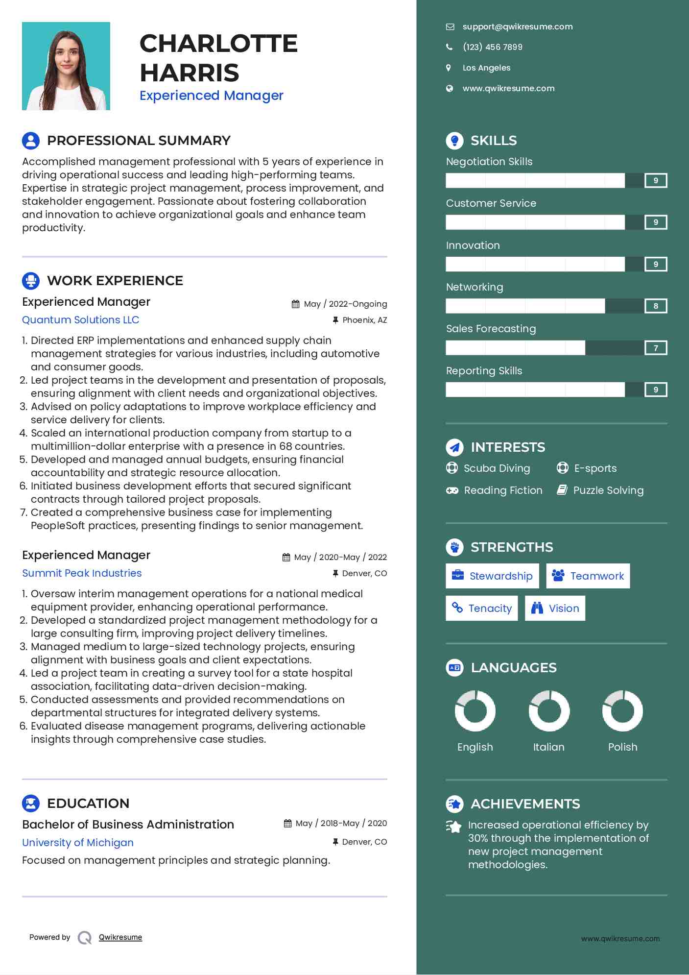 Experienced Manager Resume Template