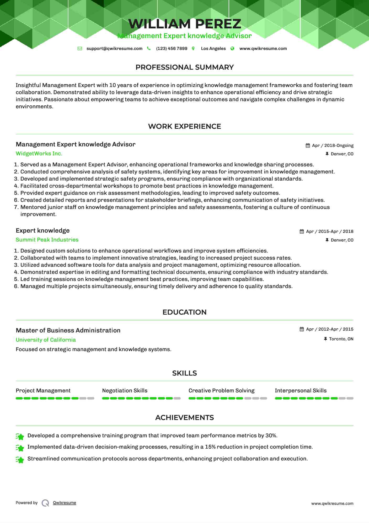Management Expert knowledge Advisor Resume Template