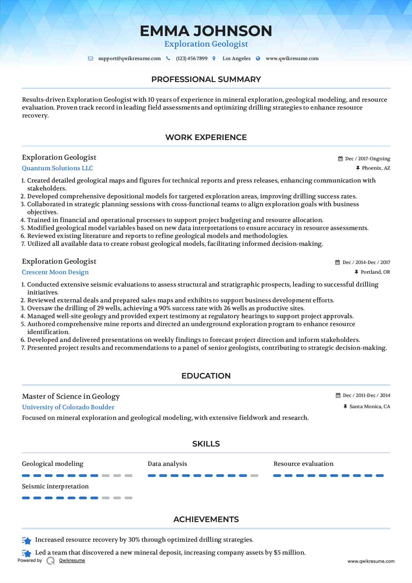 Exploration Geologist Resume Model