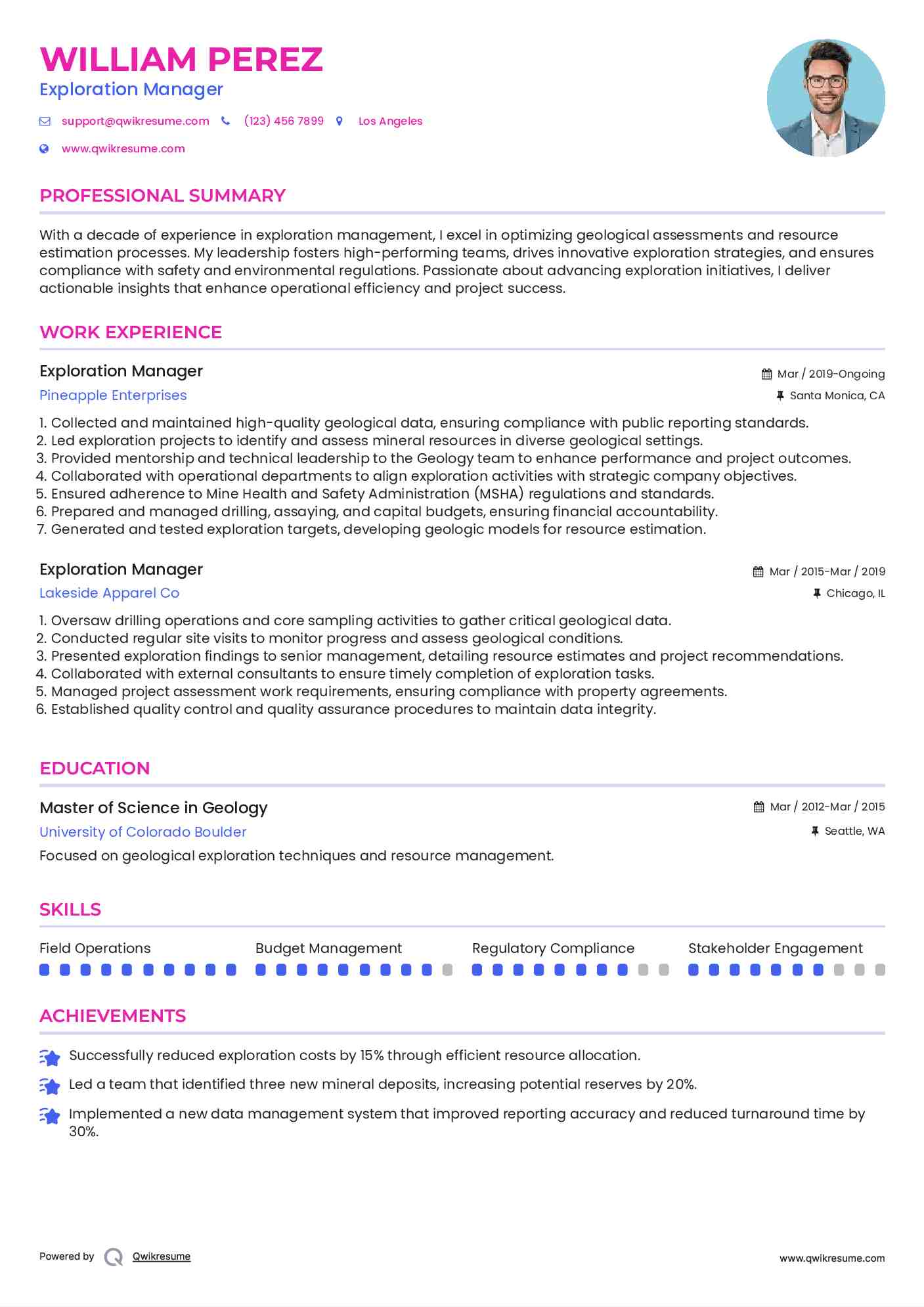 Exploration Manager Resume Model