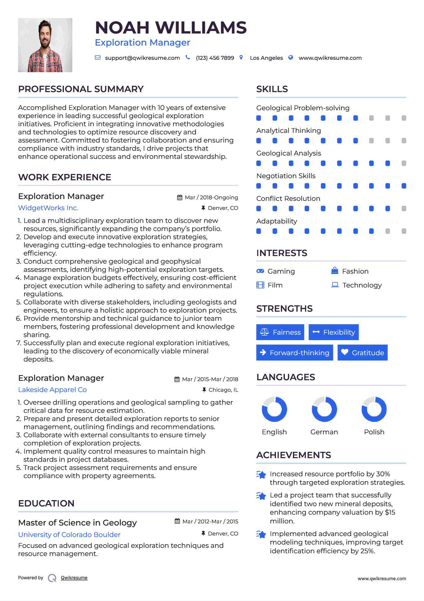Exploration Manager Resume Model