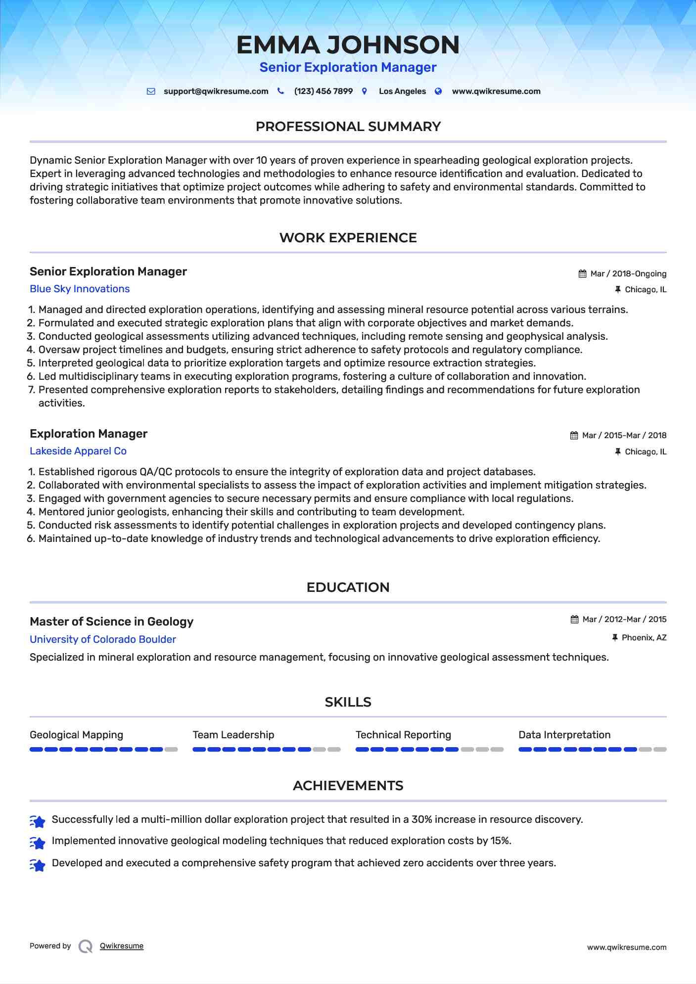 Senior Exploration Manager Resume Format