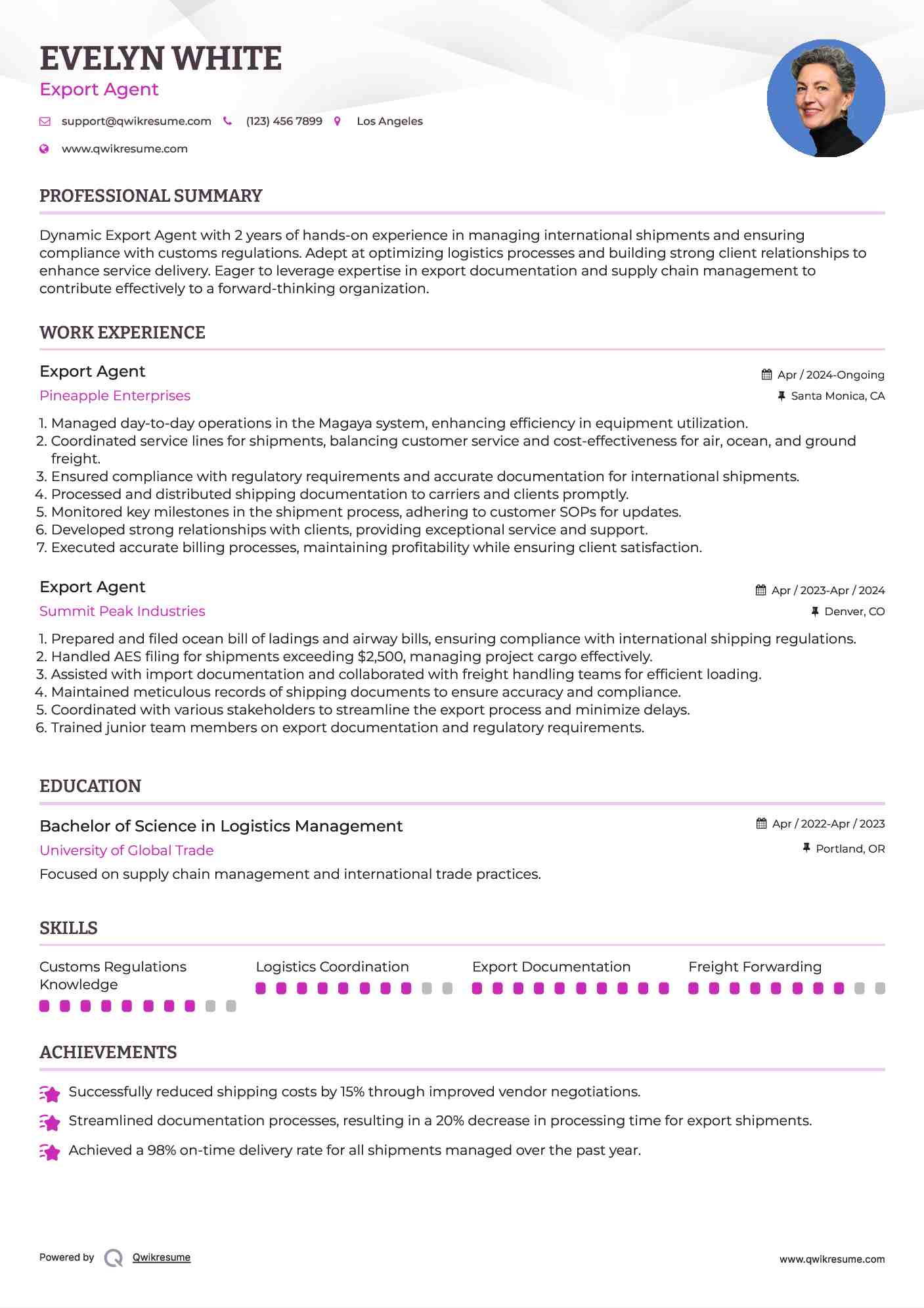 Export Agent Resume Template