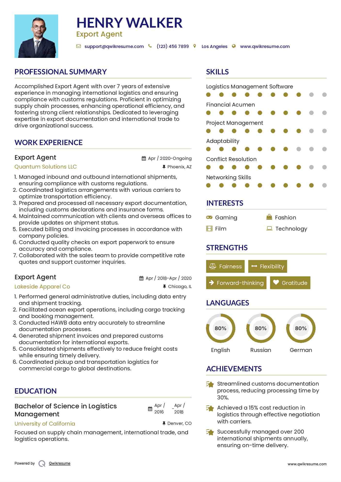 Export Agent Resume Template