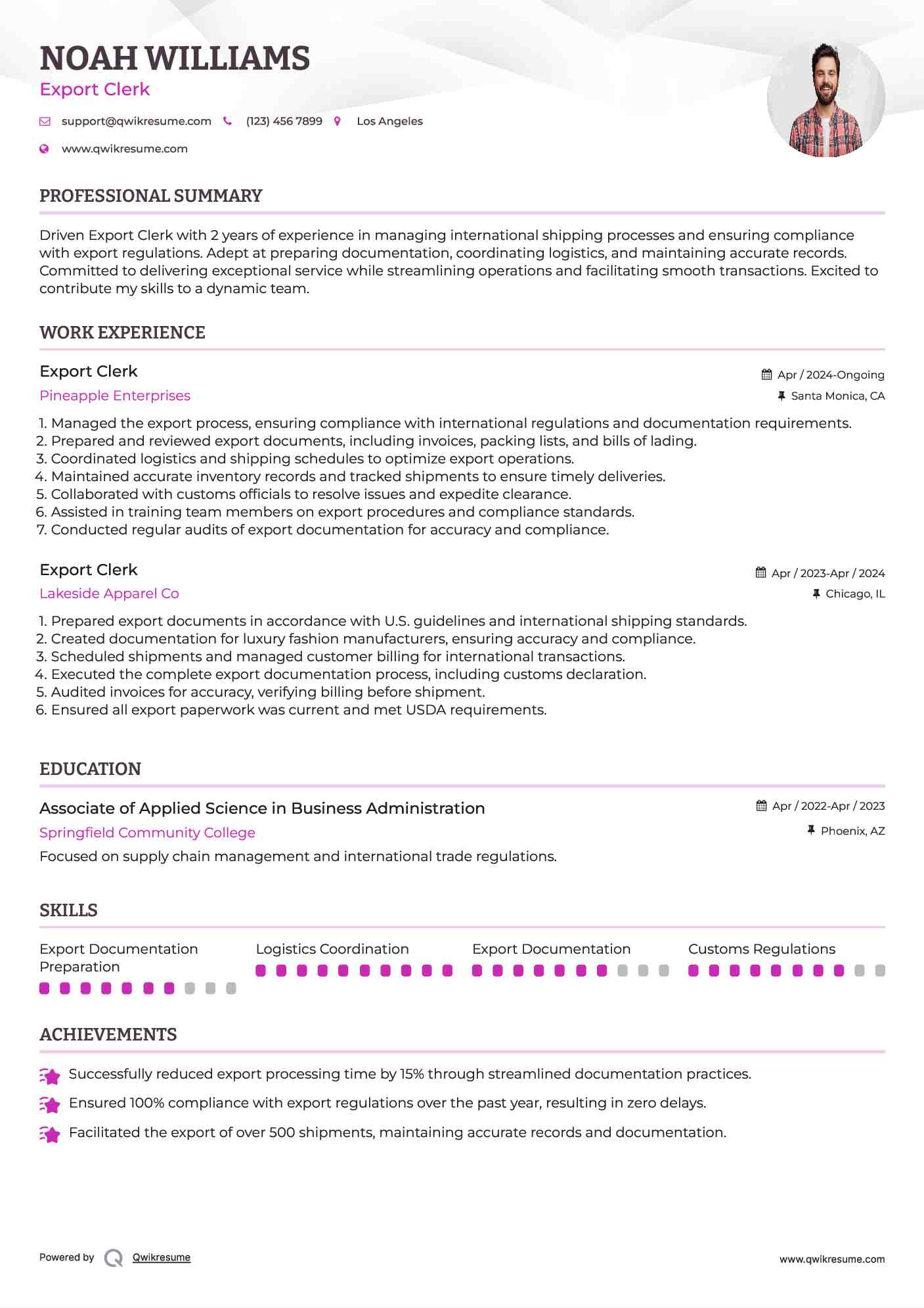 Export Clerk Resume Template