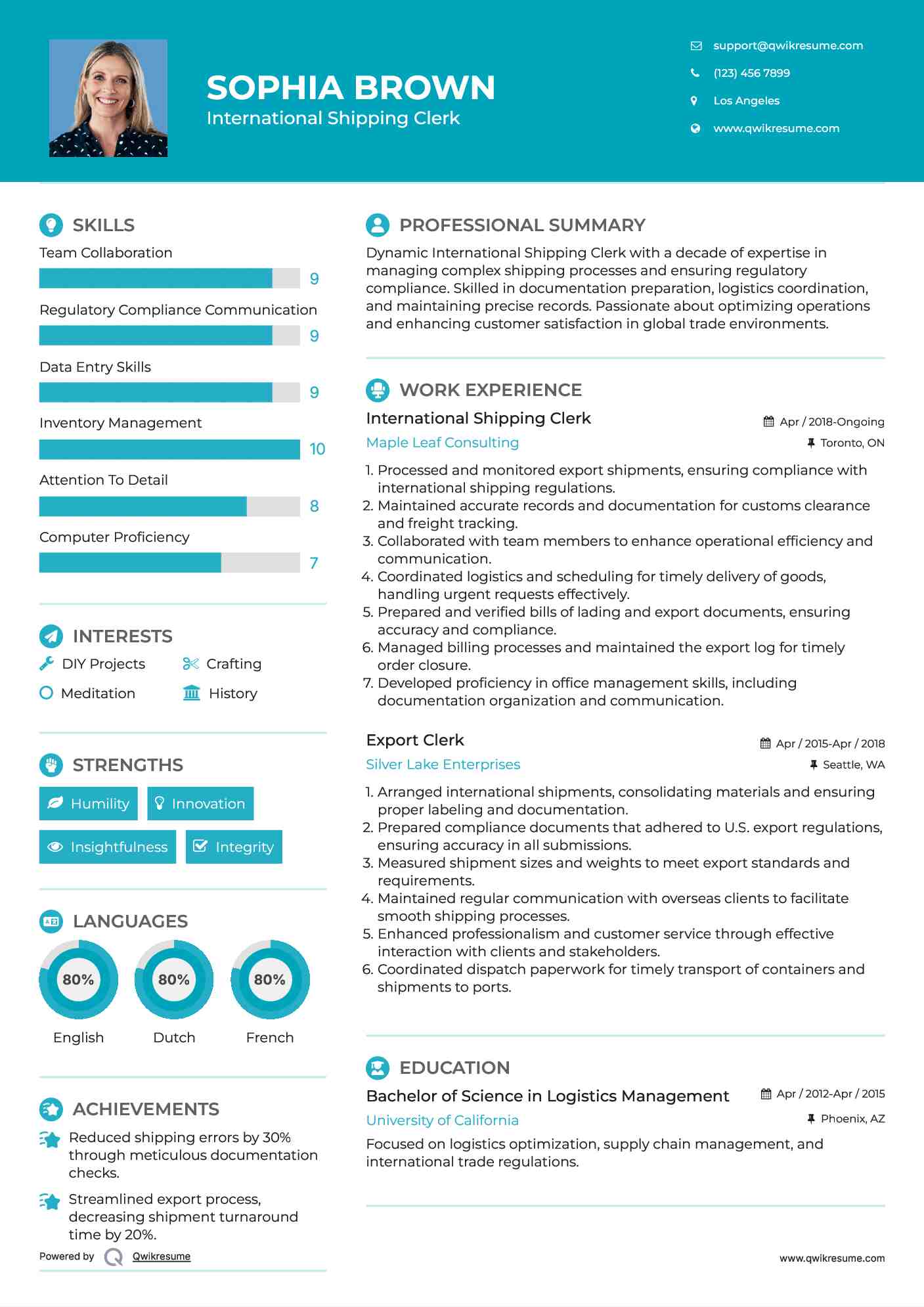 International Shipping Clerk Resume Example