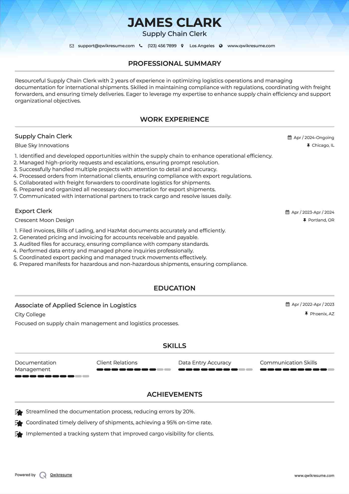 Supply Chain Clerk Resume Template