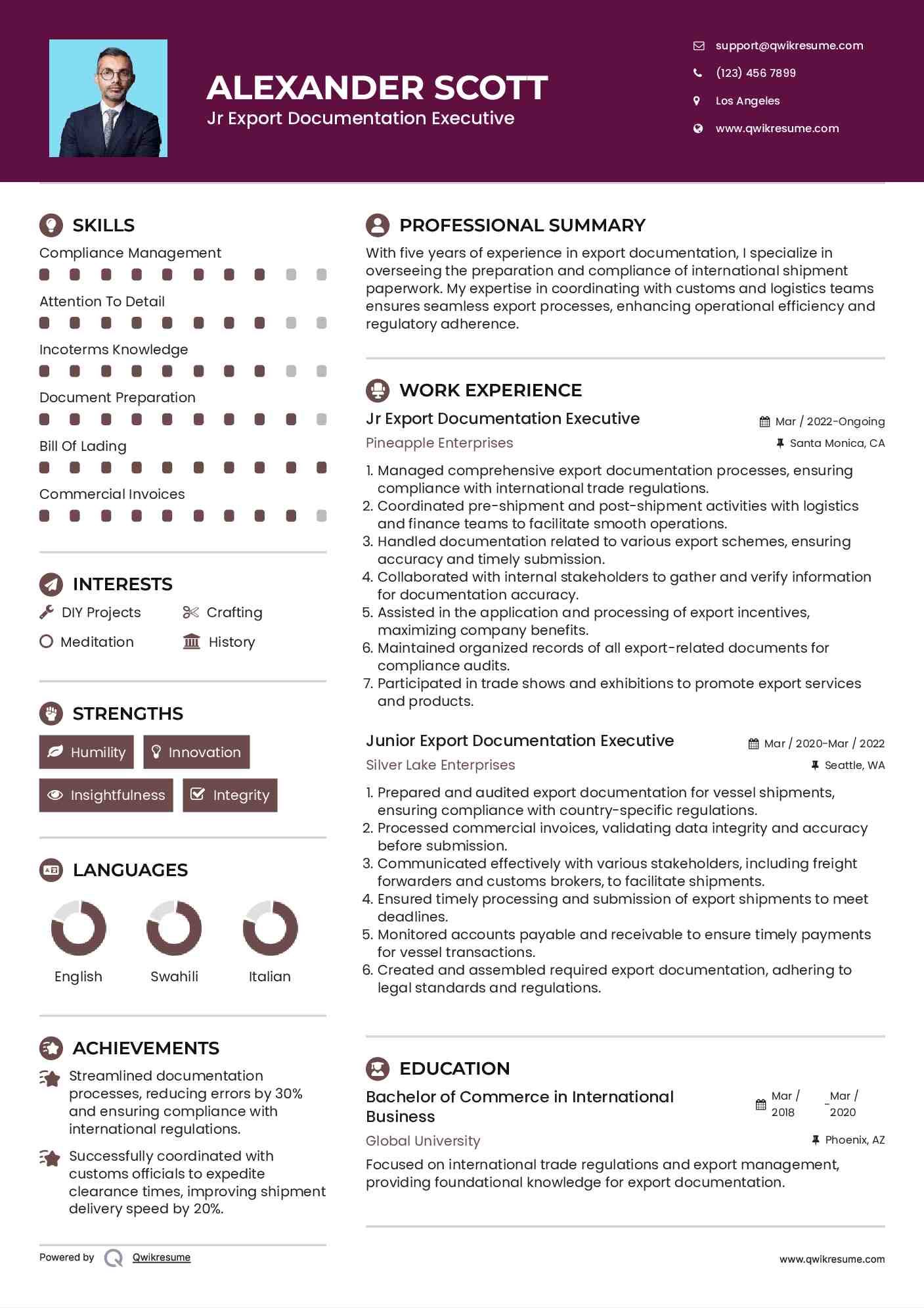 Jr Export Documentation Executive Resume Model