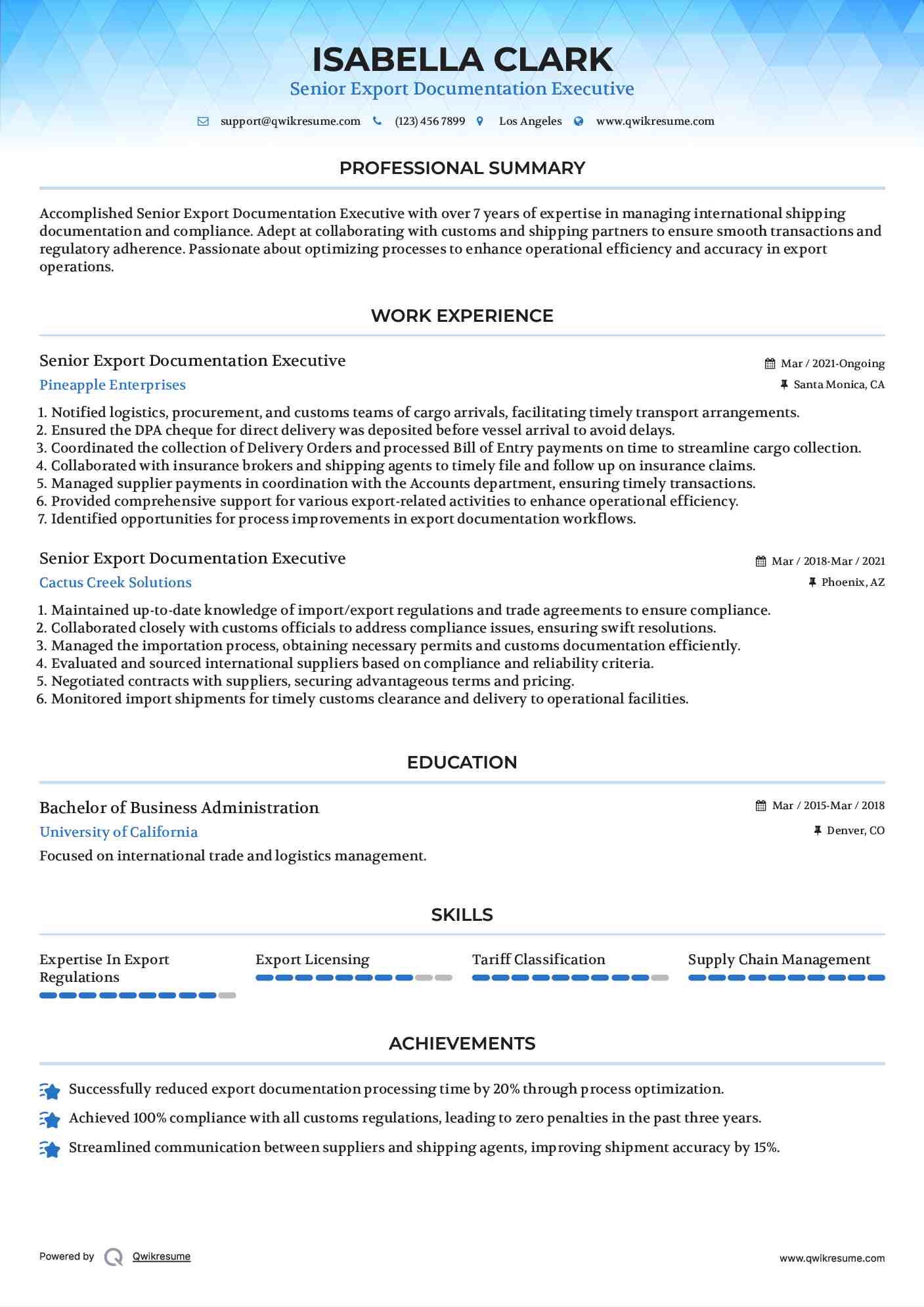 Senior Export Documentation Executive Resume Format